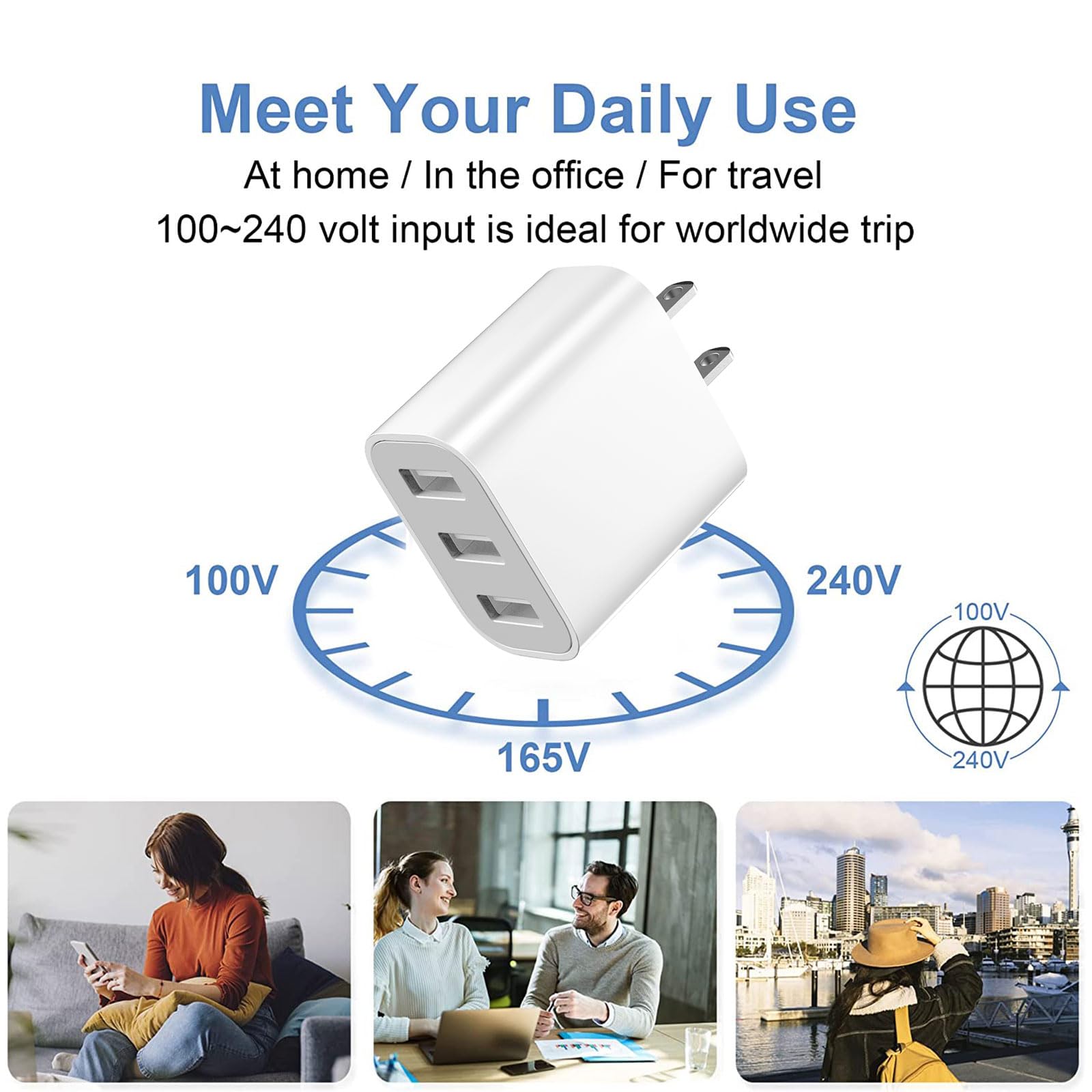 USB Wall Charger, 3 Pack 3-Port USB Charger Block Wall Adapter USB Charging Cube Brick Compatible with iPhone 8/7/6 Plus/X, iPad, Samsung Galaxy S5 S6 S7 Edge, LG, Android and More