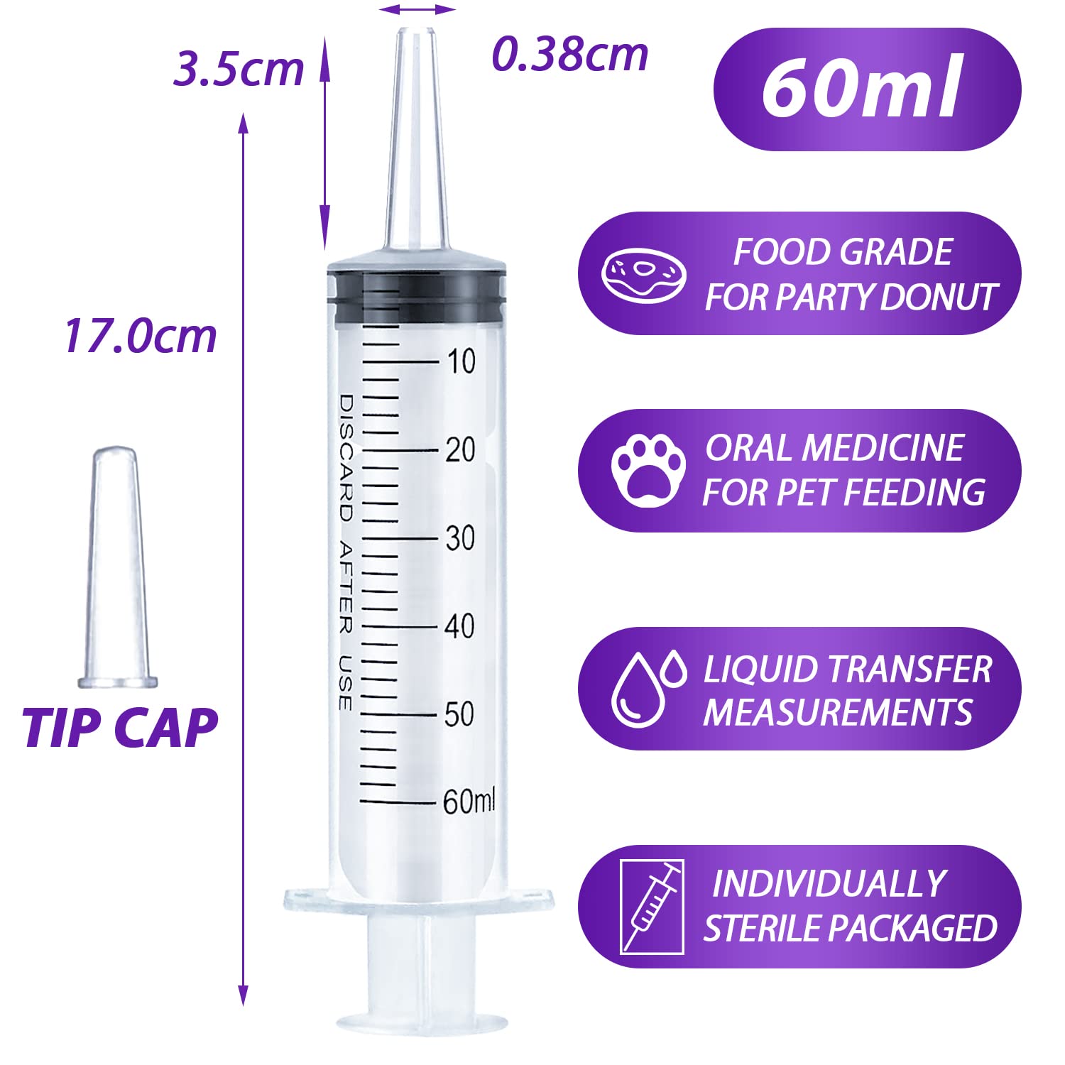 60ml Syringe for Liquid, Oral, Scientific Labs, Measurement, Dispensing, Catheter Tip with Cap- 3 Pack 60ml Syringes