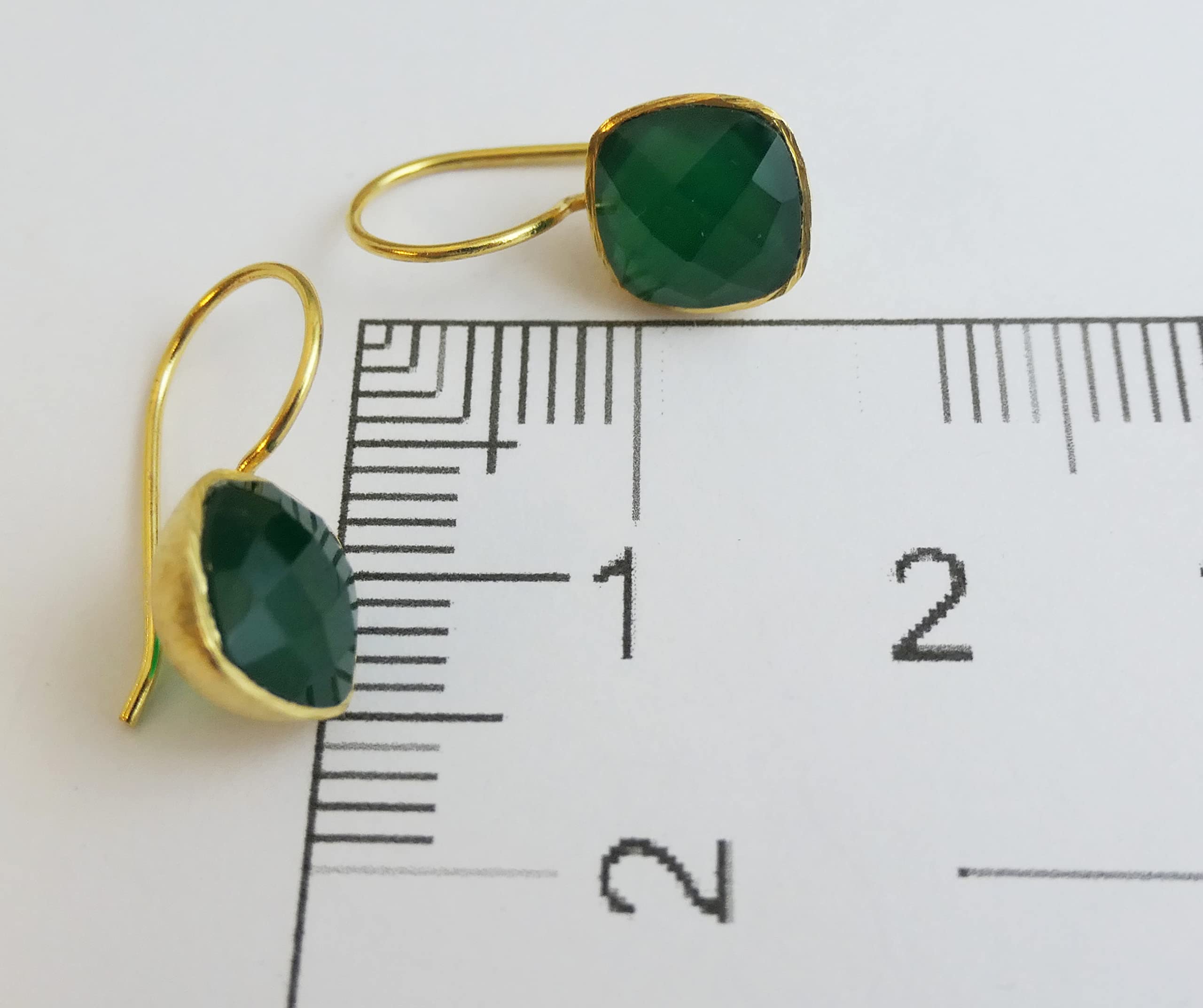 Cushion Cut Natural Green Onyx Gold Plated Sterling Silver Drop Dangle Earrings - Handmade Gemstone Jewelry Gift Ideas for Women (Green Onyx)