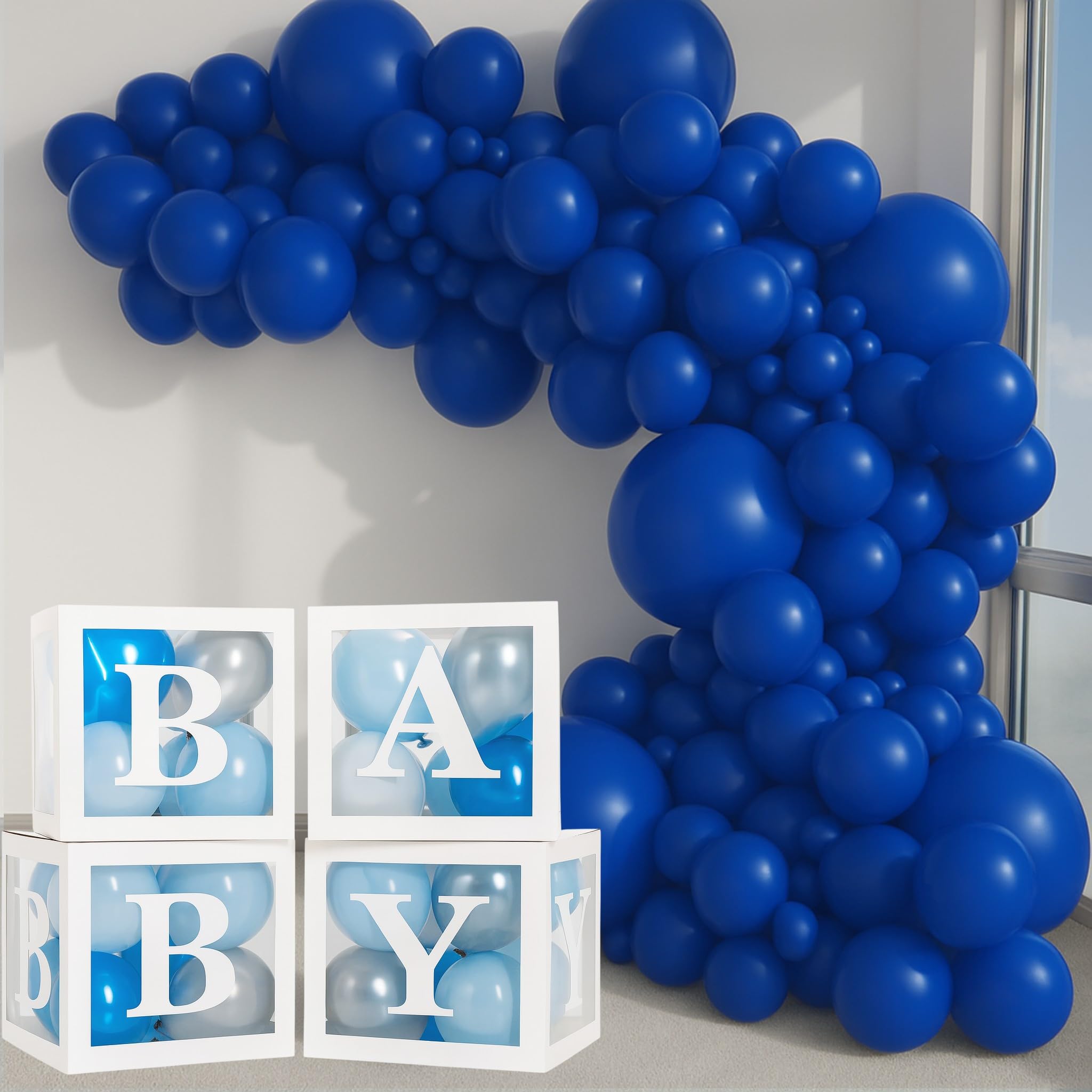 Balloon Garland Arch Kit – 146 Pcs Ultramarine Blue Balloons & Baby Shower Boxes with Letters – White Boxes with Blue, Silver & White Balloons