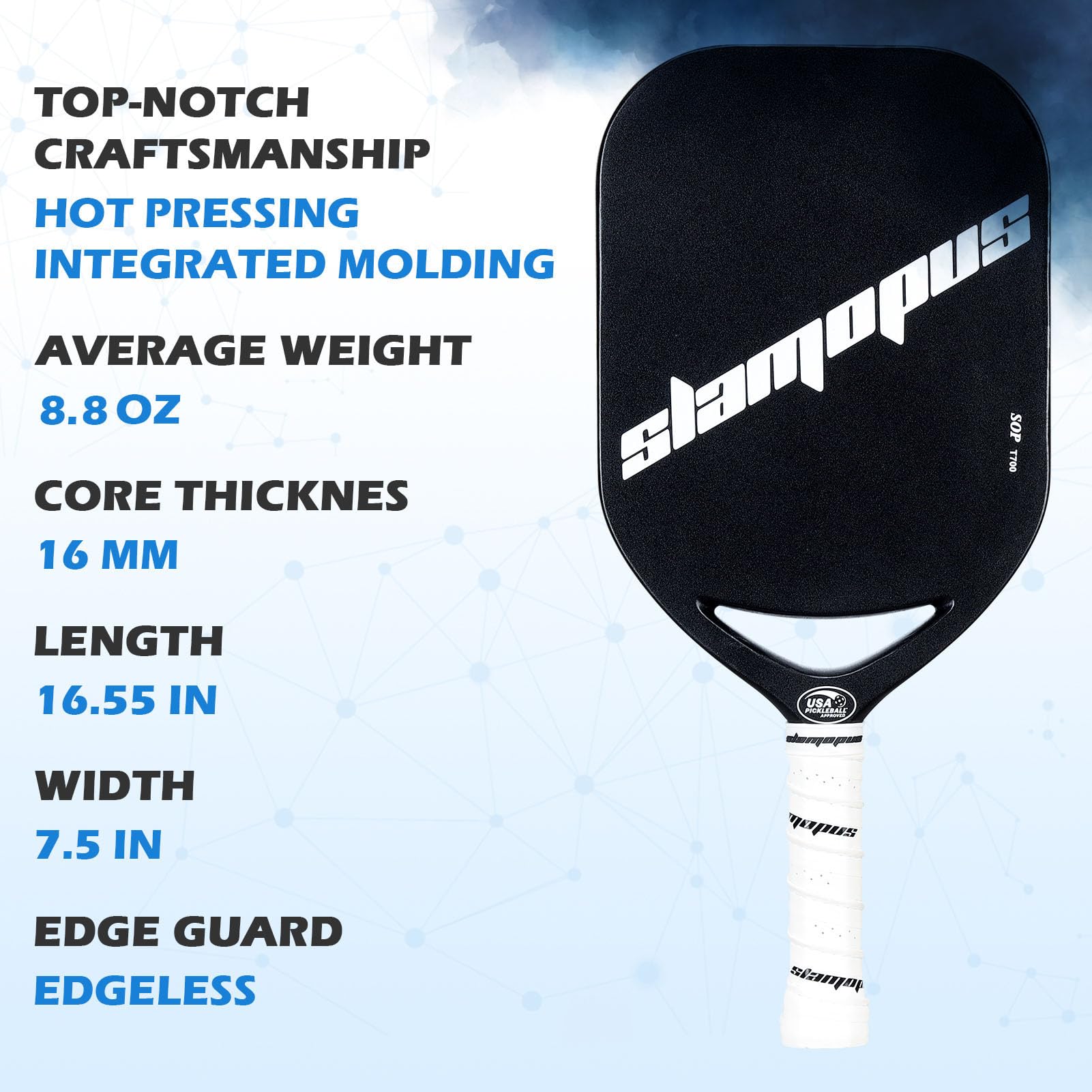 Edgeless Carbon Fiber Pickleball Paddle with Aero Throat | USAPA Approved Thermoformed Pickleball Racket | T700 CarbonFusion Grit Surface | 8.8 oz, Ideal for Aggressive and Power Players