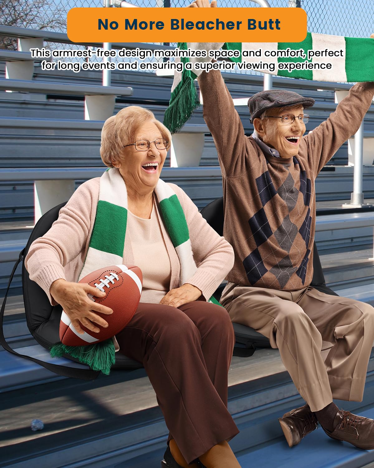 Sportneer Stadium Seats with Back Support: Extra Wide Stadium Seats for Bleachers with Shoulder Strap 2 Pack - Portable Round Bleacher Seats with 6 Reclining Positions for Camping, Sport, Event