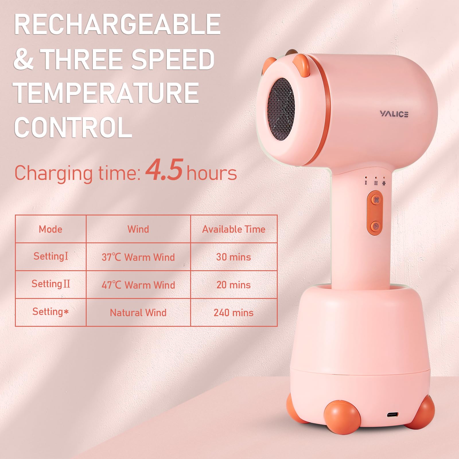 Cordless Kids Hair Dryer for Infant, Low Heat Gentle Air Small Rechargeable Hair Blow Dryer for Baby Butt Skin with 3 Speed Settings, 0-3 Years Using (Orange)