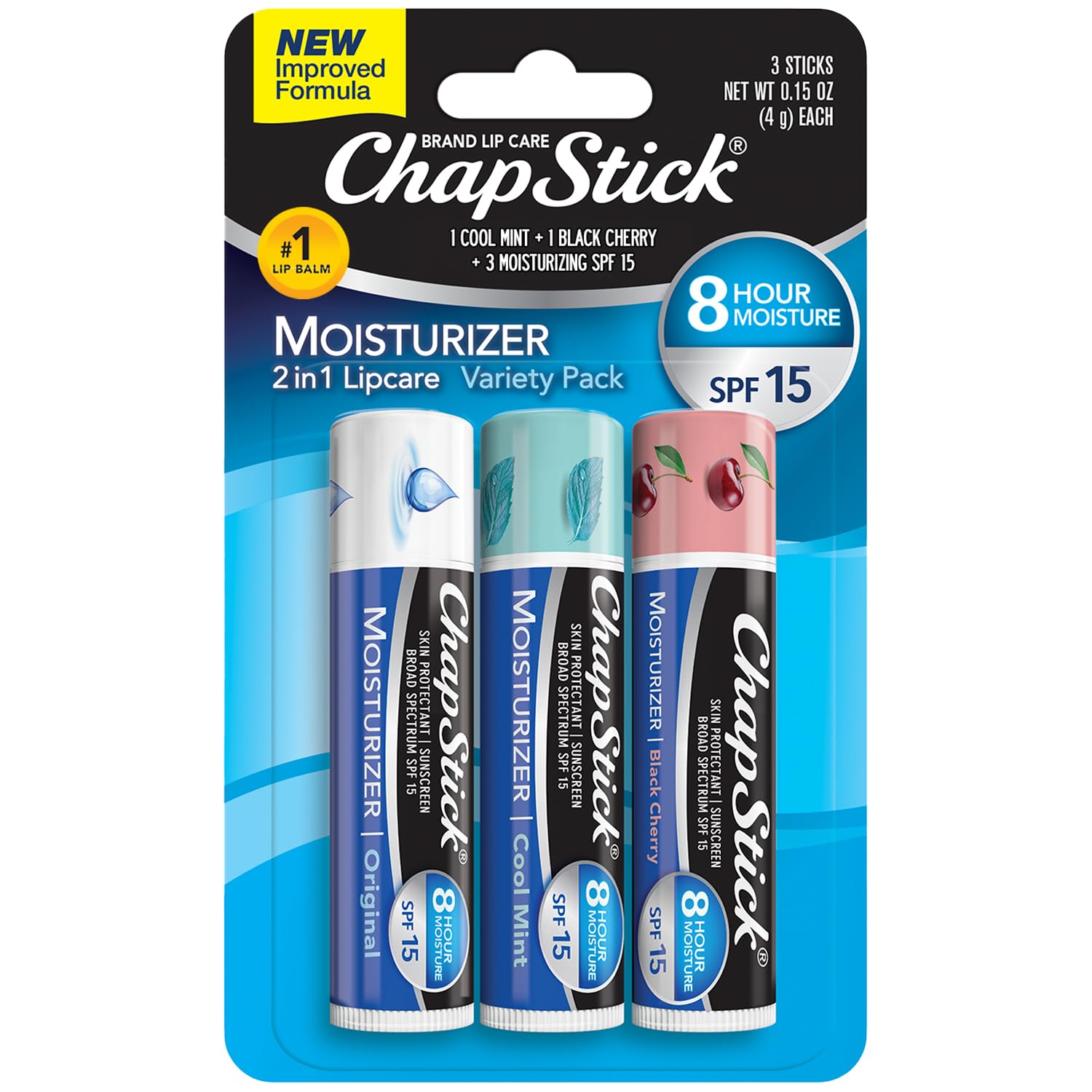 ChapStick Moisturizer 2-in-1 Lipcare SPF 15, Original, Black Cherry, Cool Mint, 3-Pack – Sunscreen Lip Balm with Aloe Vera and Vitamin E, 0.15 Oz Ea