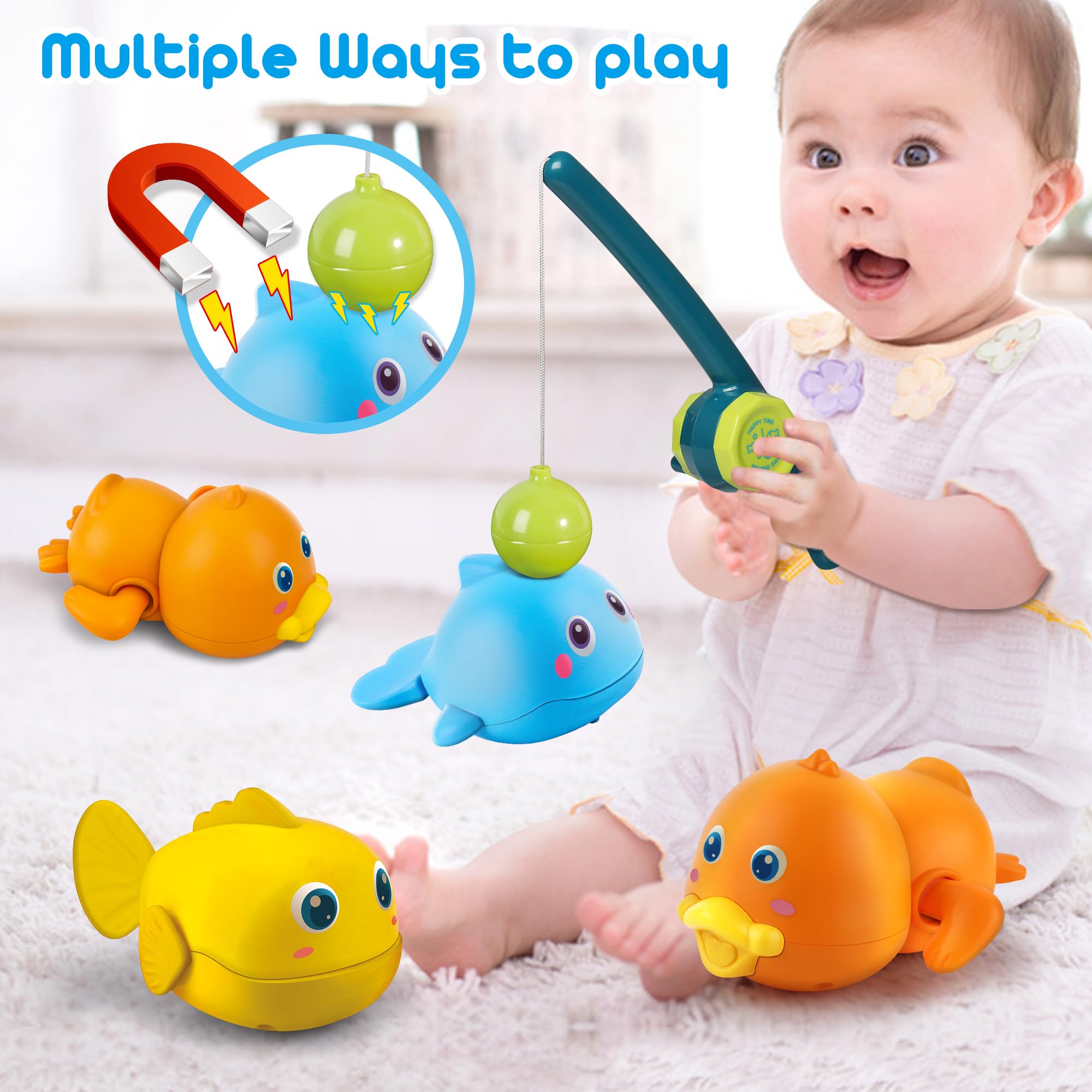 Dwi Dowellin Bath Toys for Toddlers, Magnetic Fishing Games Kids Bathtub Toys, Mold Free Wind-up Toys Swimming Fish Duck Whale Floating Water Toys for Kids Baby Infant