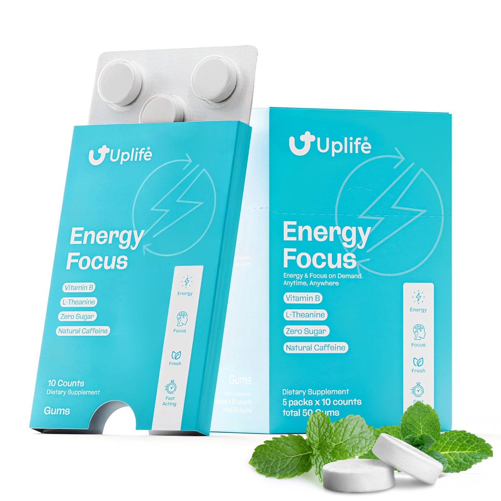 Energy and Focus Gum 50 Pcs – Made in USA - Peppermint Gum Flavor – Natural Caffeine Gum Coffee Alternative - Organic Gum with 40mg Caffeine + 80mg L-Theanine + B3 & B12 - Suger Free, Non GMO