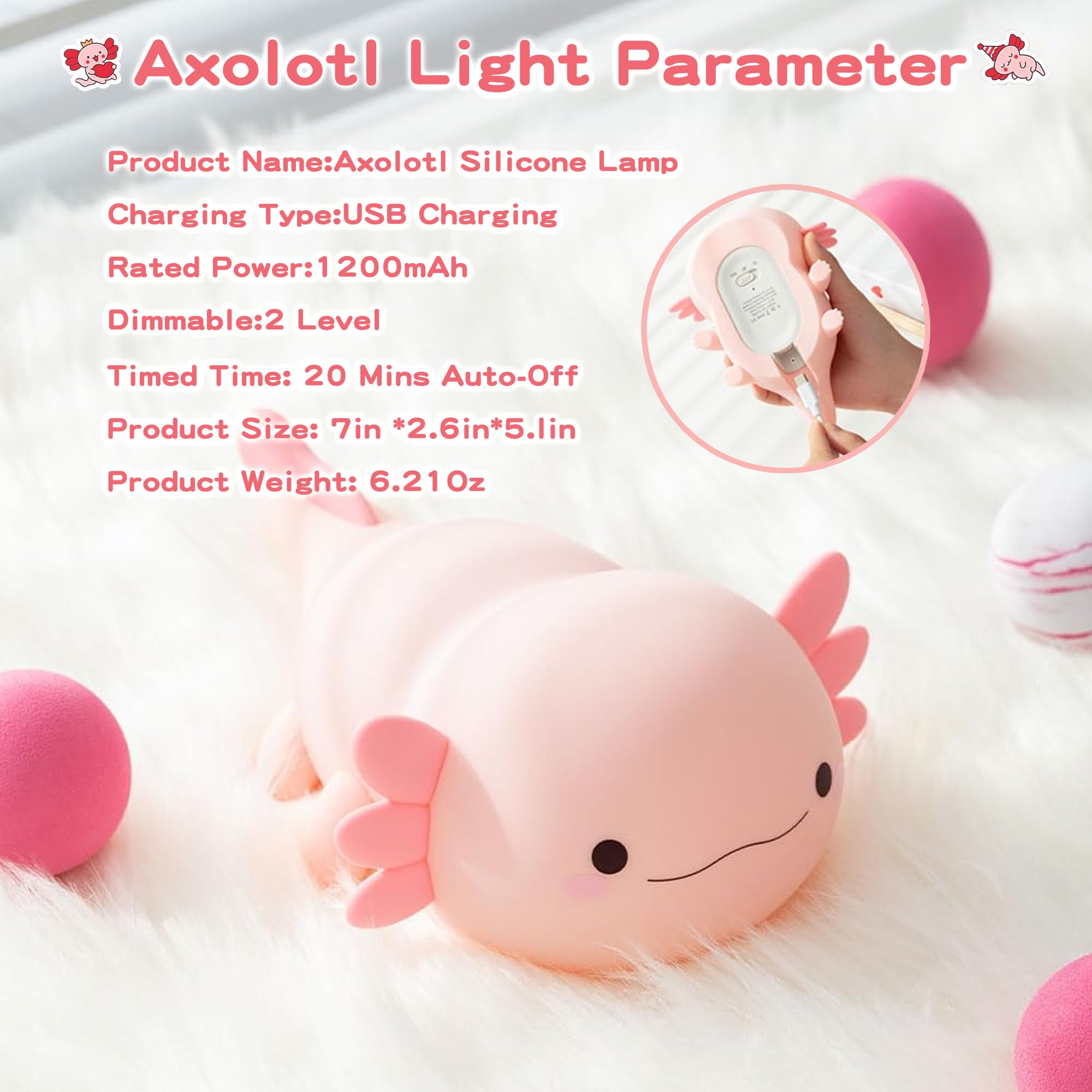 FAMIDUO Axolotl Lamp,Cute Axolotl Night Light,Dimmable Silicone Animal Nursery Night Light,Kawaii Rechargeable Squishy Novelty Bedside Touch Lamp,Baby Room Decor, Axolotl Gifts for Kids/Girls