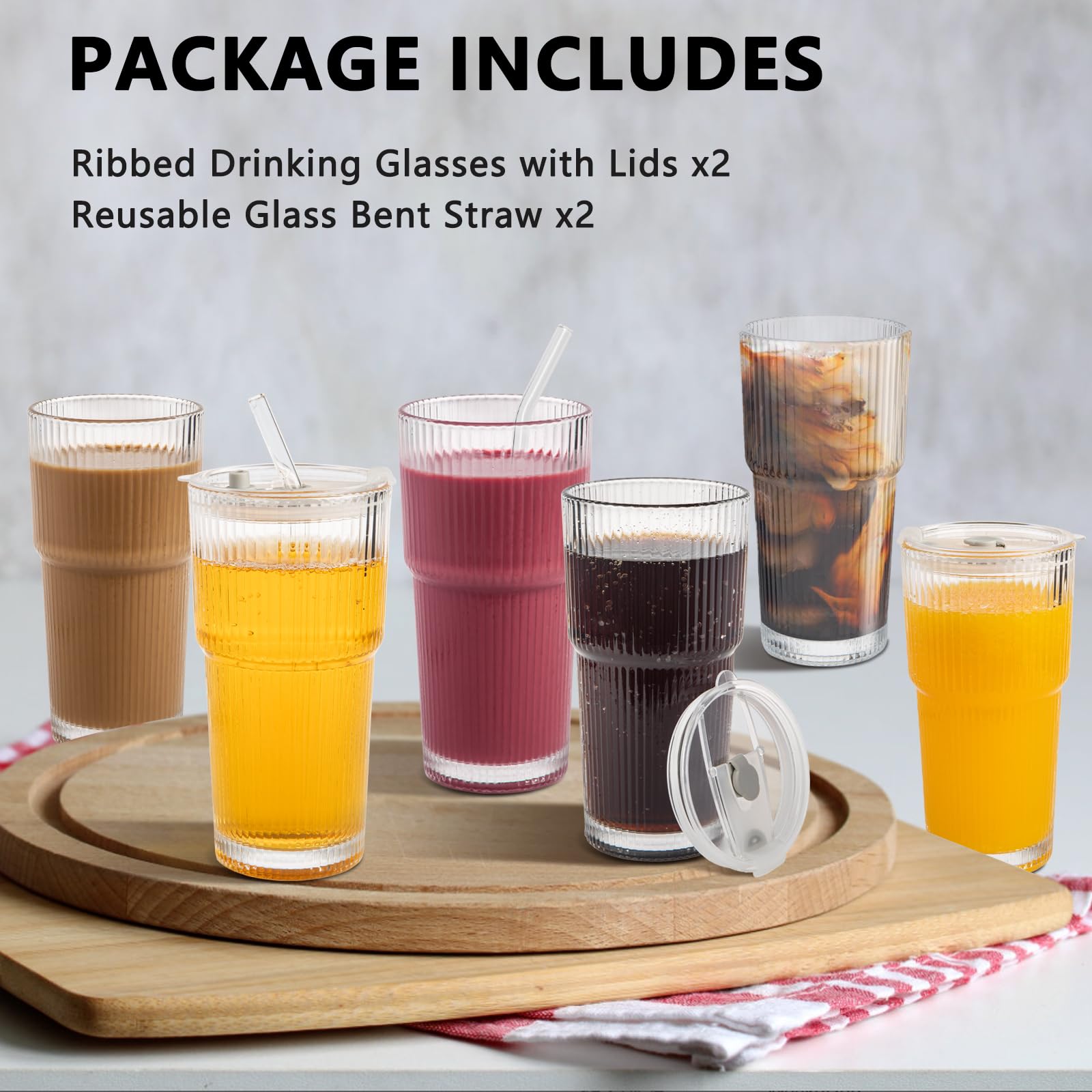 CAYOREPO 20oz Ribbed Glass Cups with Lids and Straws 2 Set, Vintage Glassware for Whiskey Cocktail Beer, Glass Tumbler, Iced Coffee Cups For Cold Drinks, Smoothie, Juice,Drinking (2)