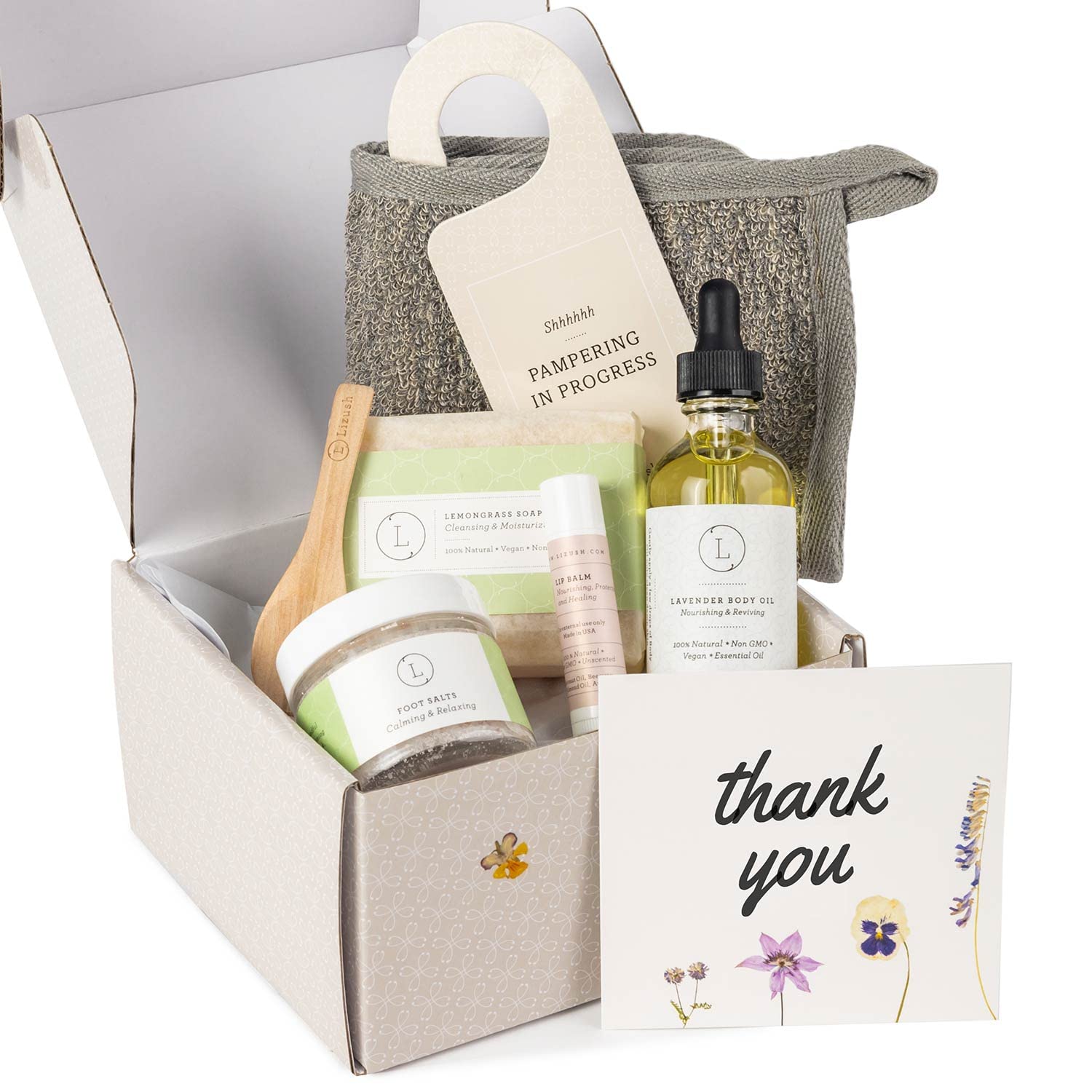 Lizush Lemongrass 6-Piece Spa Kit for Women - Relaxing Spa Box Gift Set - Thank You Self Care Gift Basket- Complete Luxury Handmade Spa Items for Body Care - Premium Relaxation Gifts for Women