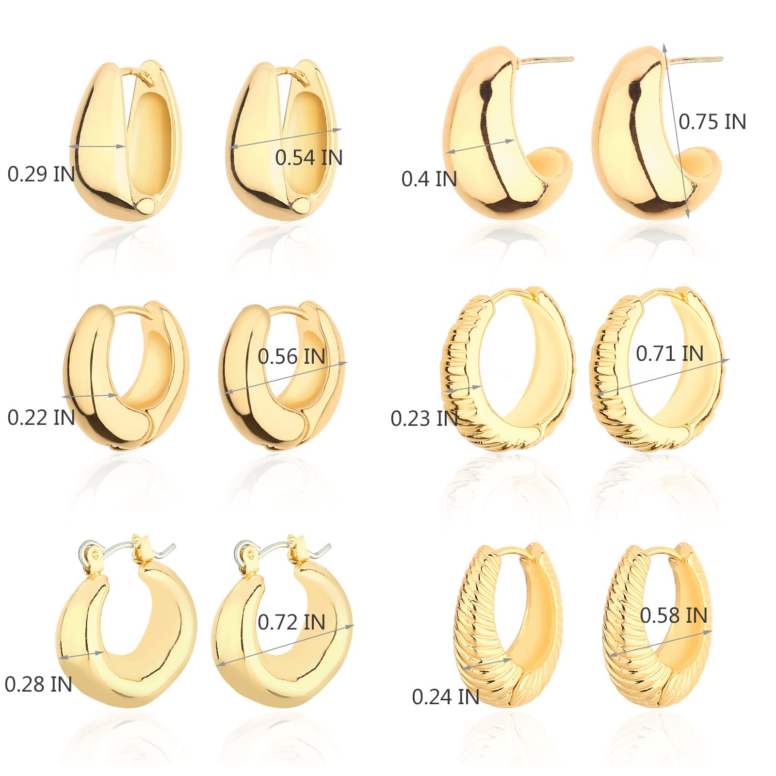 Wgoud Chunky Huggie Earring 14K Gold Hoop Earrings for Men Women Hypoallergenic, Thick Twist Earring (6 Prs Chunky Gold)