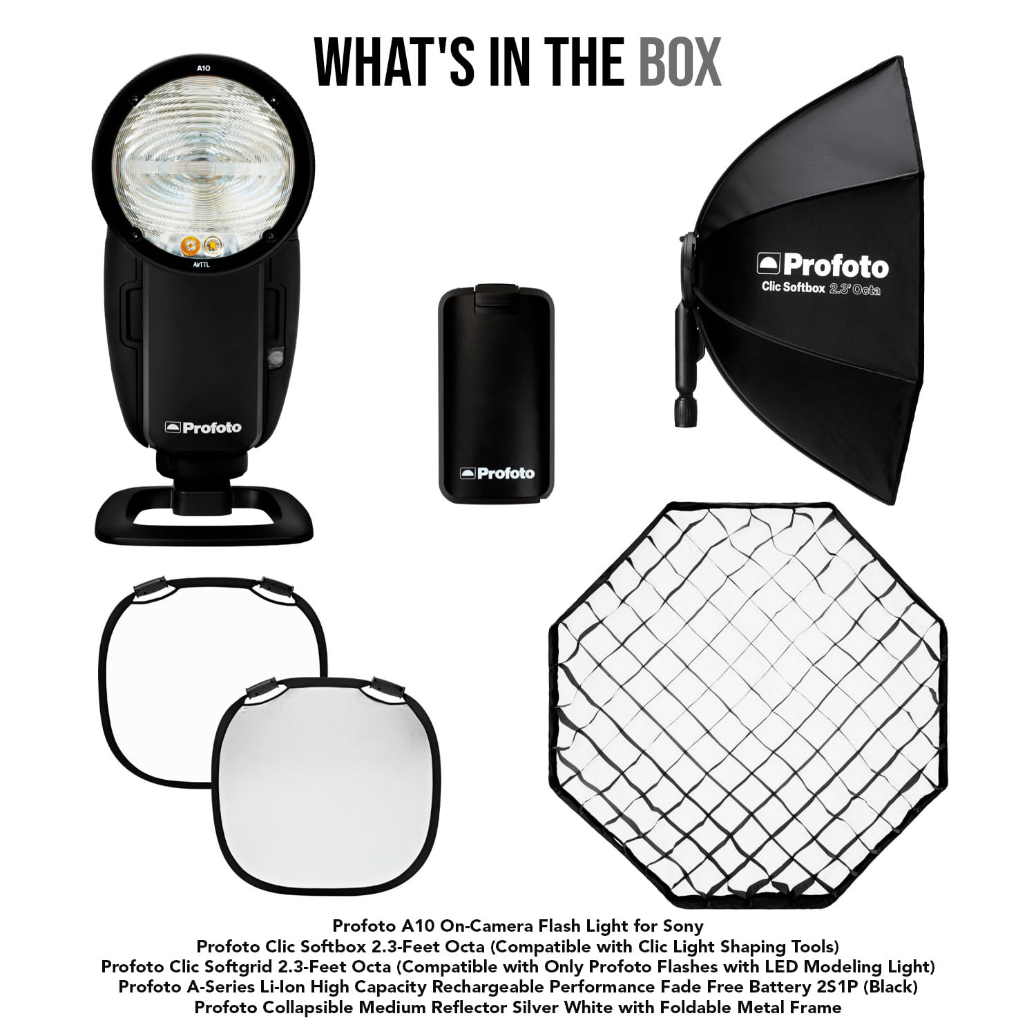 Profoto A10 On-Camera Flash Light for Sony Bundle with Clic Softbox 2.3 Octa, Clic Softgrid 2.3 Octa, Li-Ion Rechargeable Battery, and Collapsible Reflector (5 Items)