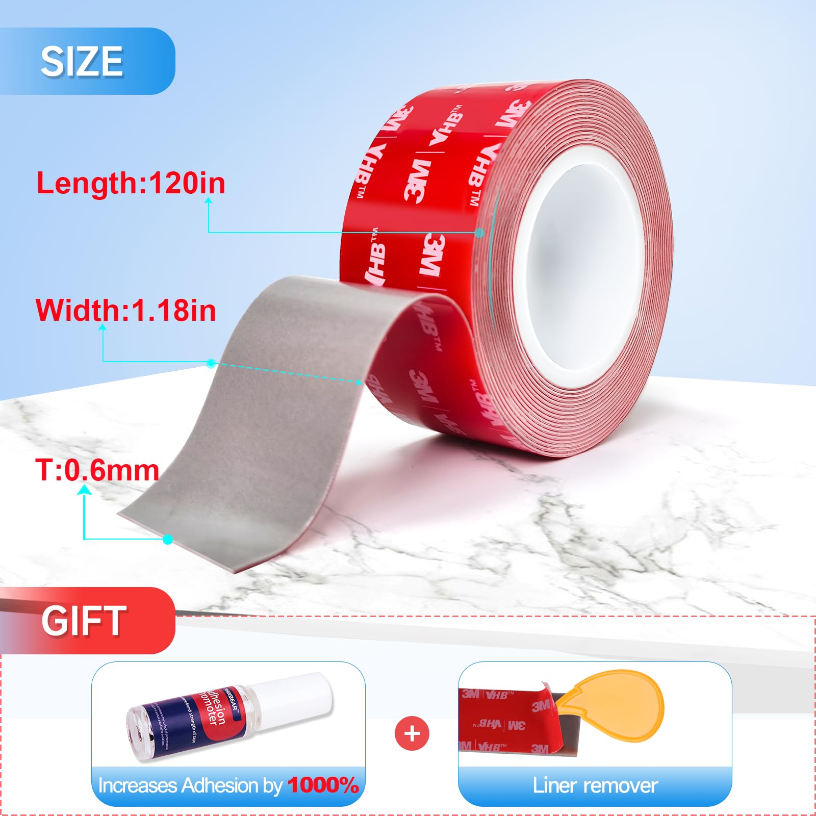 PHIXBEAR Double Sided Tape Heavy Duty 0.6mm, Made of 3M, Strong Foam Adhesive Mounting Tape, Waterproof and High Temp Resistant, Ideal for Home Decor, Car Accessories, Spoilers 1.18 in X 10 FT
