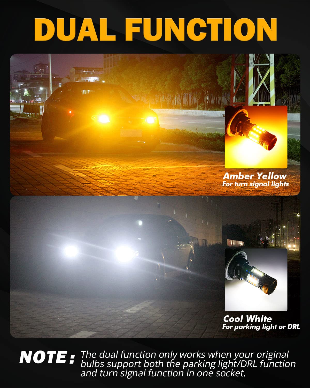 Auxbeam B21 Series 3157 Switchback LED Bulbs Built in Resistor CANBUS Error Free Anti Hyper Flash T25 3057 3457 4157 Bulbs White and Amber 600% Super Bright Turn Signal Light DRL Parking Light