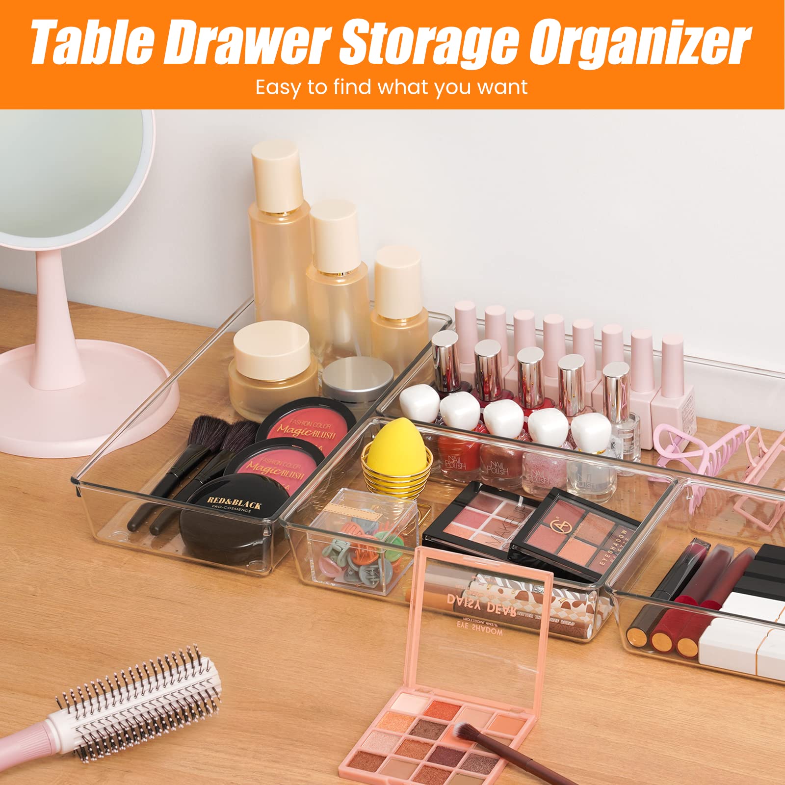 Criusia 6 Pcs Large Size Clear Drawer Organizer Set, Acrylic Non Slip Non Cracking Kitchen Drawer Storage Tray Divider, Multifunctional Storage for Cosmetics, Bathroom, Tools, Kitchen and Office