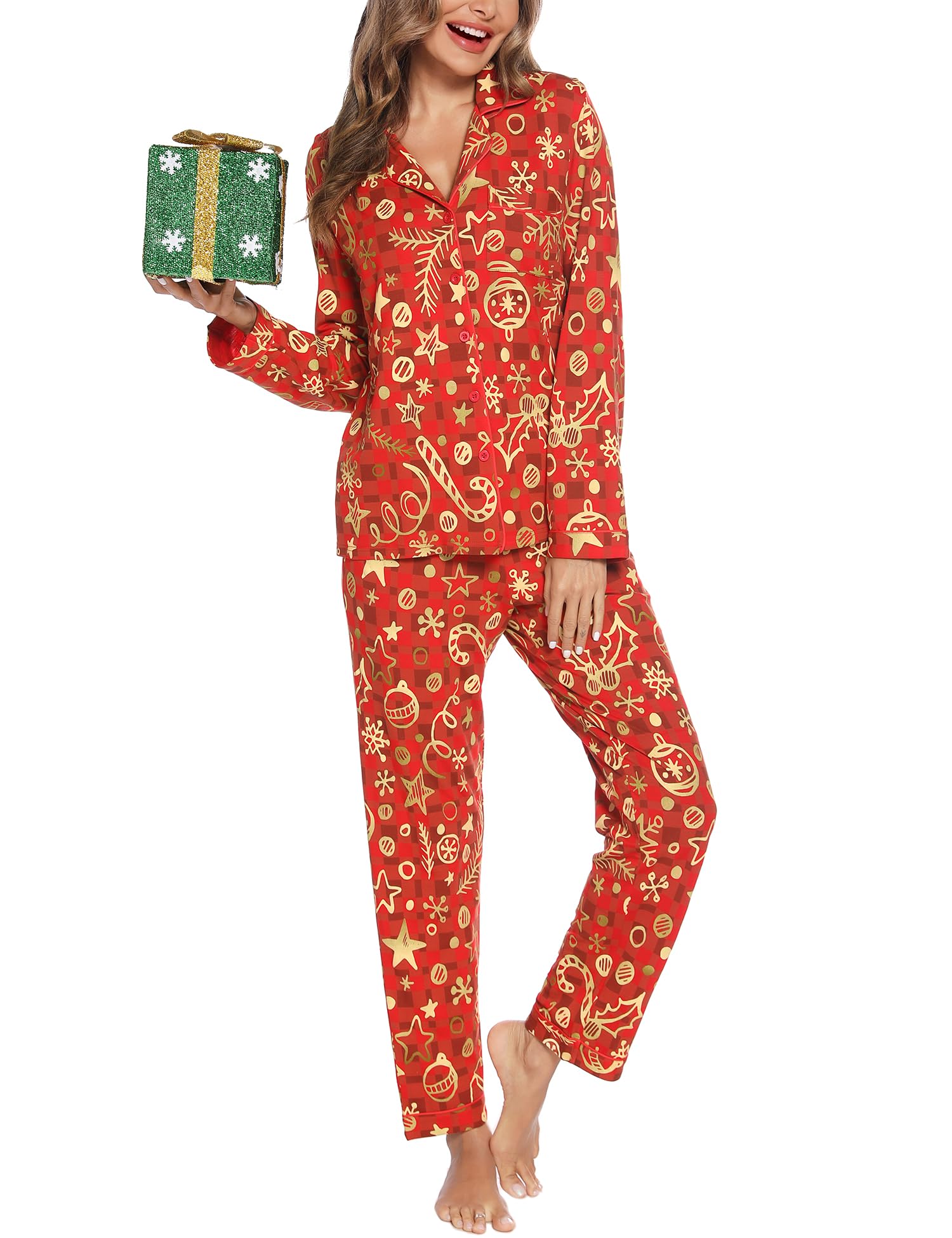 Anjue Pajama Set for Women Soft Button Down Nightwear Cotton Sleepwear Pjs Set Holiday Party Lounge Christmas Pajamas S