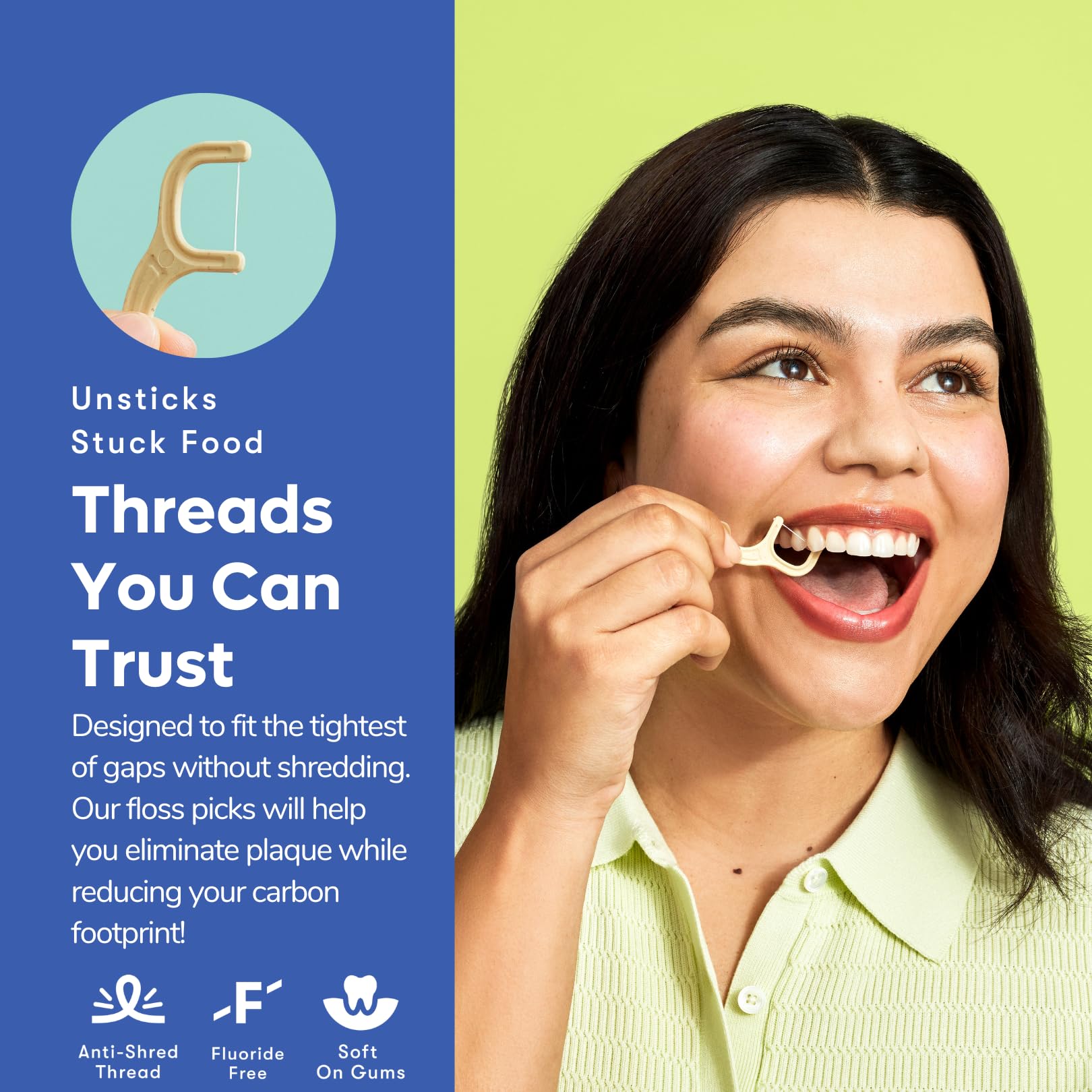 SMARTLIFECO Biodegradable Dental Floss Picks - Plant Based Handle, Thin Thread Tooth Flossers for Adults & Kids, Eco Friendly Toothpick Soft on Gum & Teeth, Compostable Zero Waste Vegan, 100 Mint
