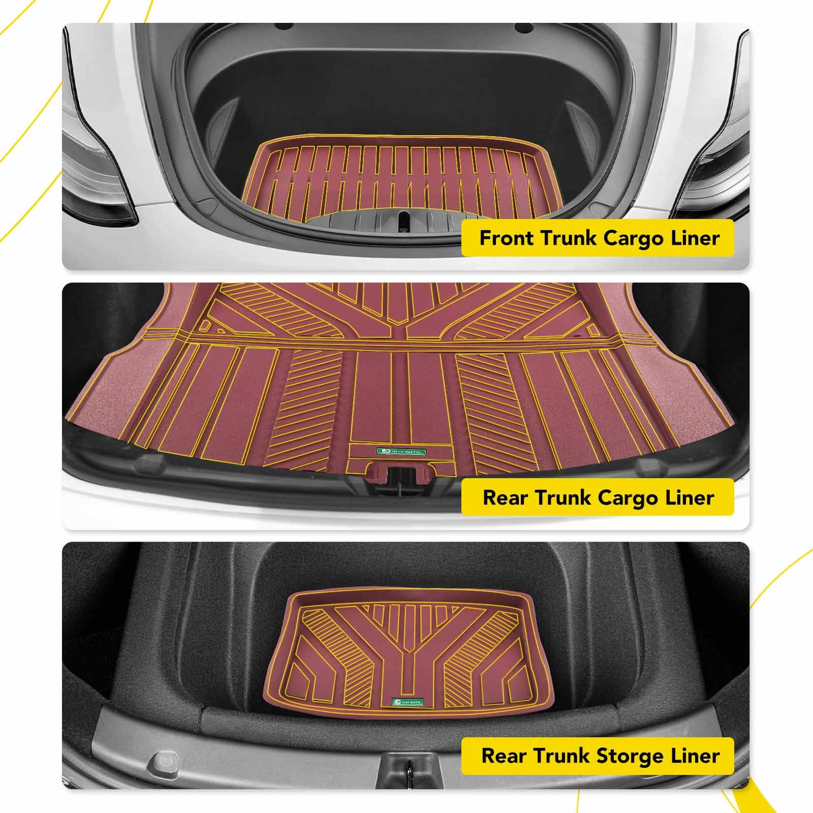 YHTAUTO Custom Fit Red Car Floor Mats for 2024 Tesla Model 3 Highland, All Weather TPE Car Mats Carpet, Front Rear Trunk Cargo Liner, Rear Storage Liner Mats, Anti-Slip Waterproof Orderless, Set of 6