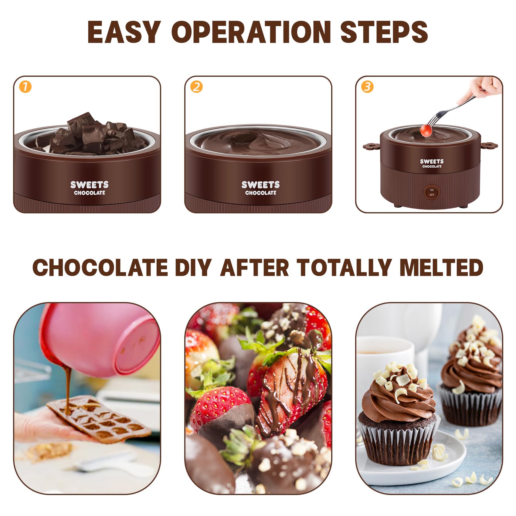 MINI Melting Fondue Set, 8.79oz Electric Chocolate Melting Pot, Cute Chocolate Fondue Fountain, Warmer Machine for Milk Chocolate, Cheese, Butter, Candy