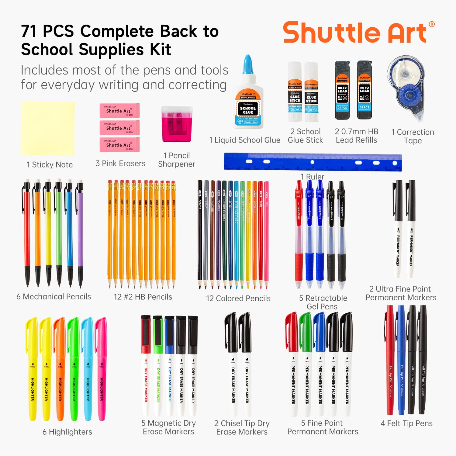 71 Pack School Supplies Kit, Shuttle Art Back to School Supplies for Teachers, Middle High Schools, College School Supplies with Highlighters, Pencils, Gel Pens, Dry Erase Markers, Felt Tip Pens, Glue