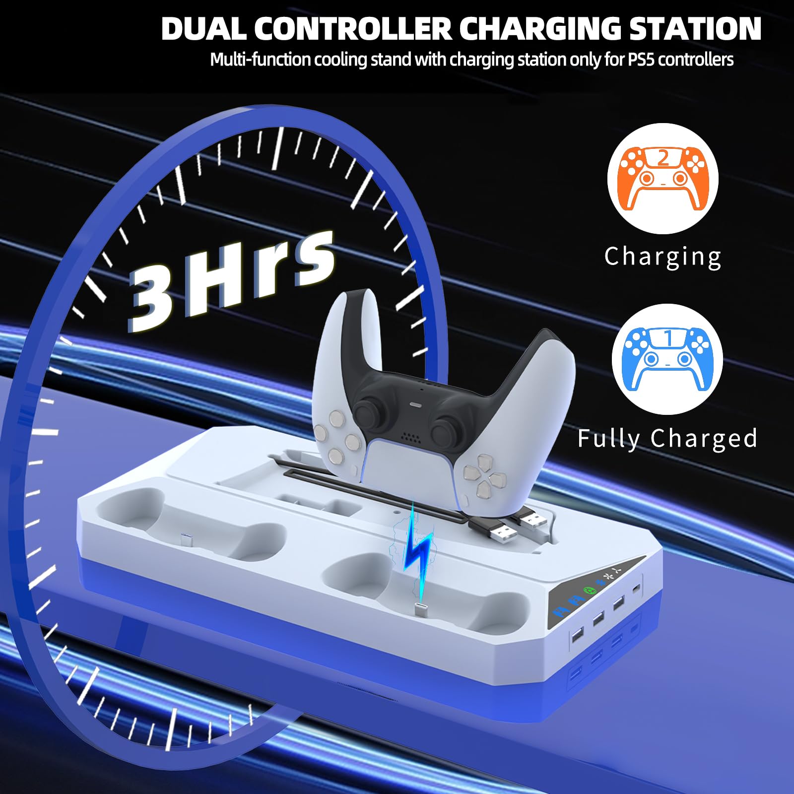 PS5 Slim Stand and Cooling Station with Dual Controller Charging Station for PlayStation 5 Slim Disc/Digital, Vertical Cooling Stand with 2 Headset Holder, 3 USB Hubs(Not for Regular PS5)