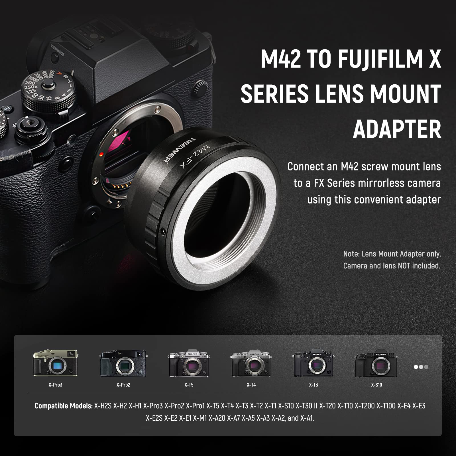 NEEWER M42 to Fuji X Lens Mount Adapter Compatible with M42 Lens to Fujifilm X Series Mirrorless Camera X-T2 X-T3 X-T5 X-T20 X-Pro3 X-Pro2 etc, Matte Black Interior, Manual Focus Only, M42-FX