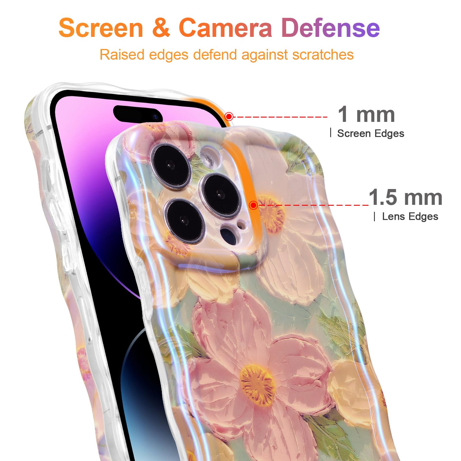 EYZUTAK Case for iPhone 14 Pro, Colorful Retro Oil Painting Printed Flower Laser Glossy Pattern Cute Curly Waves Border Exquisite Phone Cover Stylish Durable TPU Protective Case for Girls Women -Green