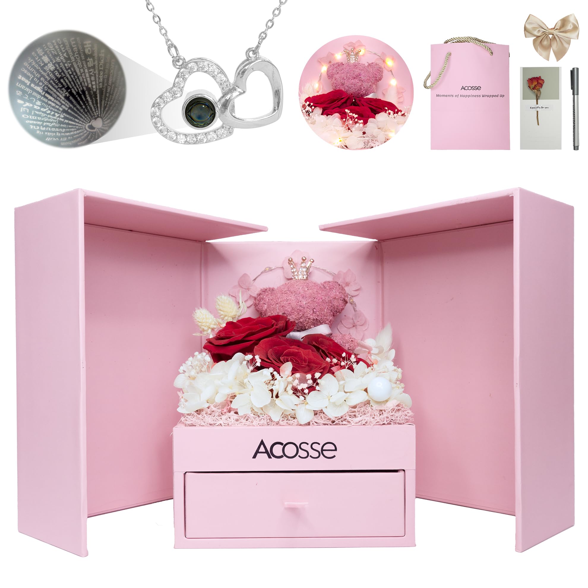 Dual Lights Preserved Forever Real Red Rose Gift for Women, Mom Wife Grandma Girlfriend on Birthday, Anniversary, Christmas, New Year, Forever Flowers with Crown Bear and I Love You necklace, Pink