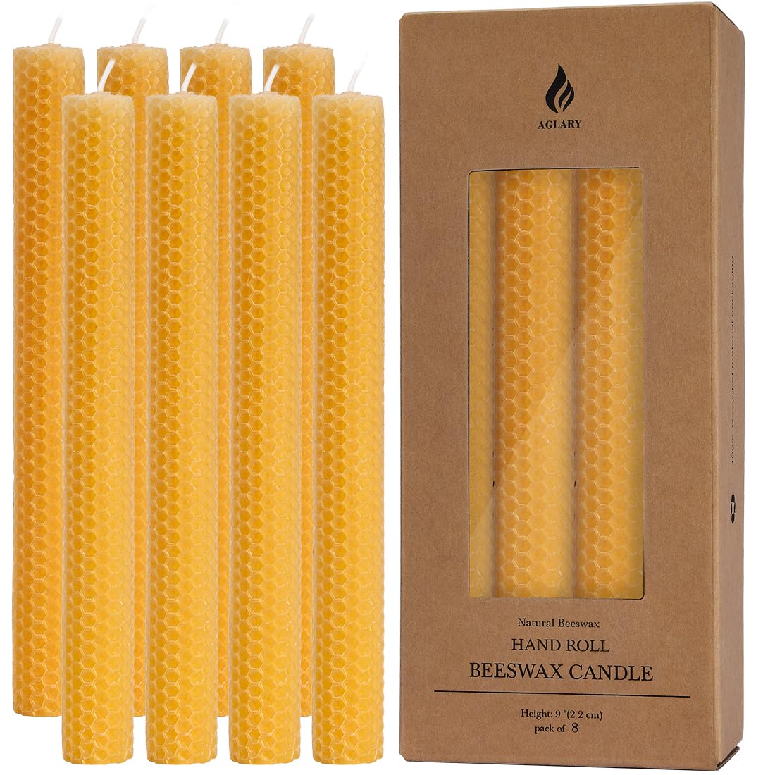 8PCS 9" Hand-Rolled Beeswax Taper Candles, Real Pure Beeswax, Handmade Honeycomb Candles, Flat Top, Brown Raw