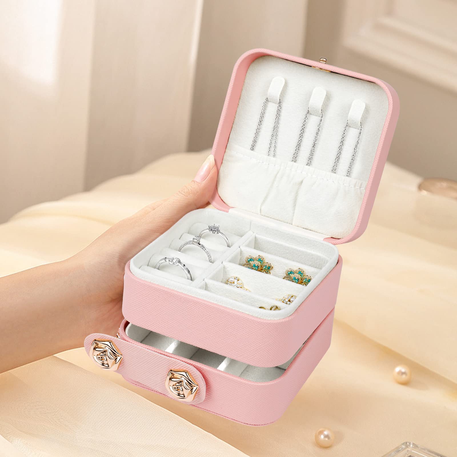 Hicdaw Travel Jewelry Case Small Jewelry Box PU Leather Organizer Box 3 Layer Mini Jewelry Travel Case Jewelry Gift Box for Women Girls