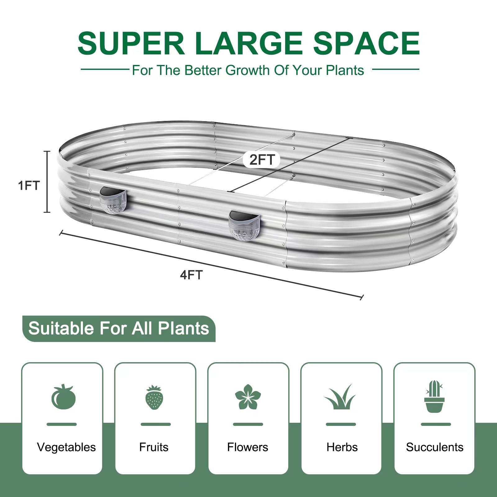 Land Guard Galvanized Raised Garden Beds Outdoor with 2 Magnetic Solar-Powered Lights(Grey), Metal Planter Raised Beds, 4×2×1Ft Metal Raised Garden Beds for Gardening, Vegetables, Flowers