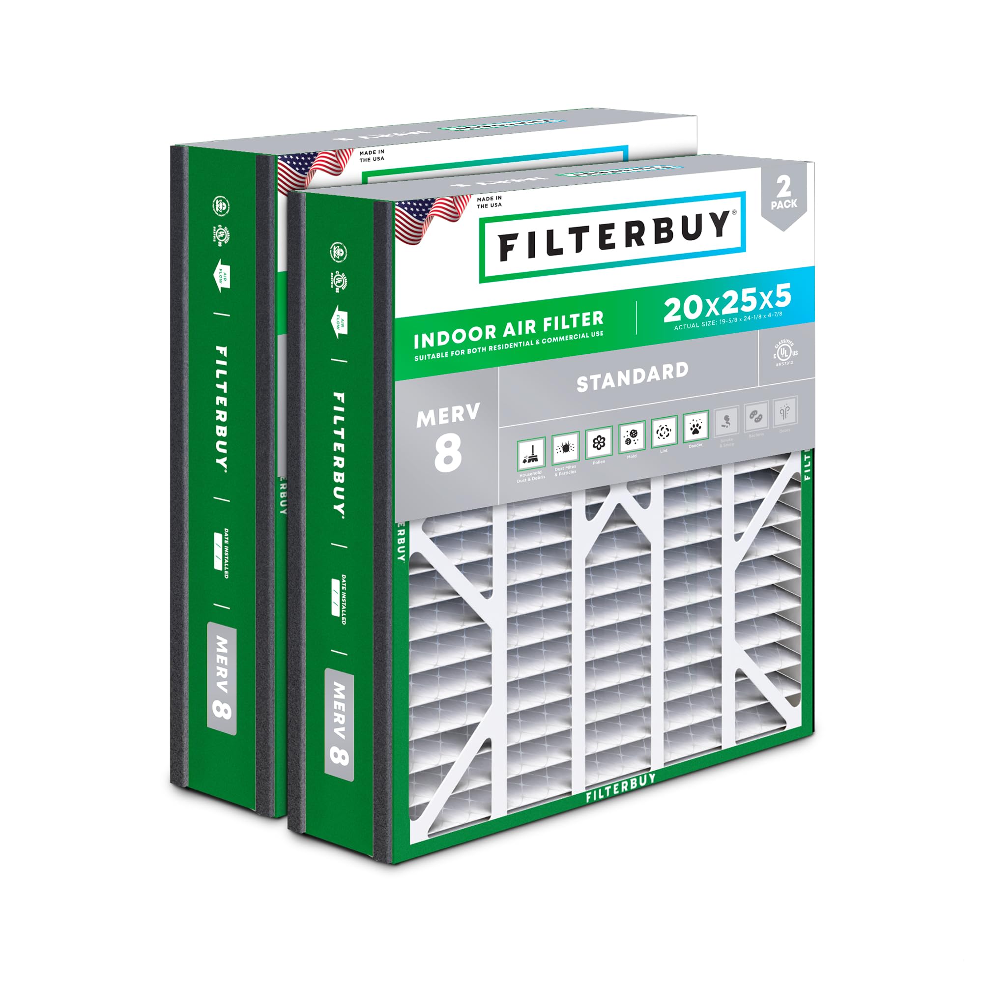 Filterbuy 20x25x5 Air Filter MERV 8 Dust Defense (2-Pack), Pleated HVAC AC Furnace Air Filters for Trion Air Bear, Generalaire, Skuttle, and More (Actual Size: 19.63 x 24.13 x 4.88 Inches)