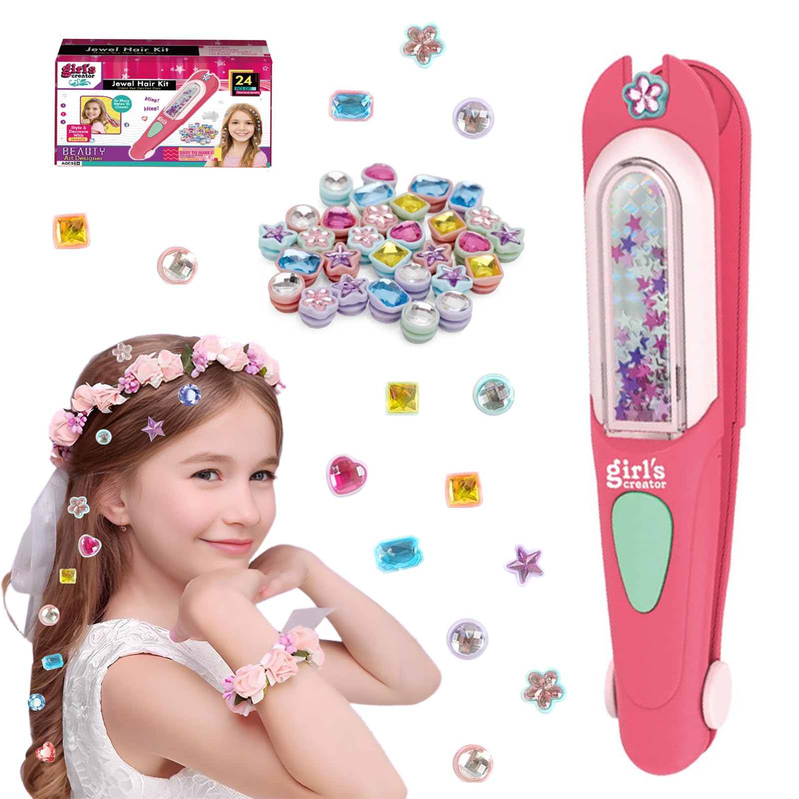 Hair Gem Stamper Kit, Hair Styling Tool with Reusable Shining Diamonds, Hair Accessories for Girls, Hair Bling Styling Set with 24 PCS Hair Gems for Girls, Gifts Toys for Girls Ages 3-12