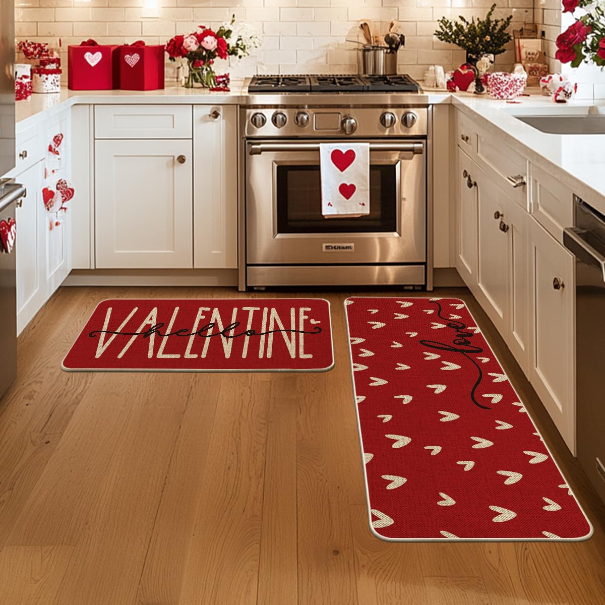 Artoid Mode Red Love Heart Hello Valentine's Day Kitchen Mats Set of 2, Home Decor Low-Profile Kitchen Rugs for Floor - 17x29 and 17x47 Inch