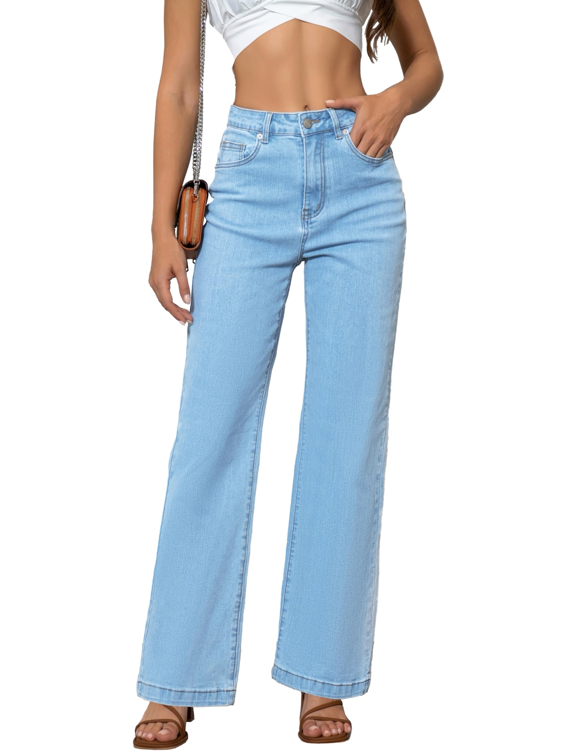 ETTELO Womens Jeans Mid Waisted Straight Leg Loose Stretchy Lightweight Tummy Control Trendy Jeans for Women 2024 (US, Numeric, 8, Regular, Regular, Light Blue)