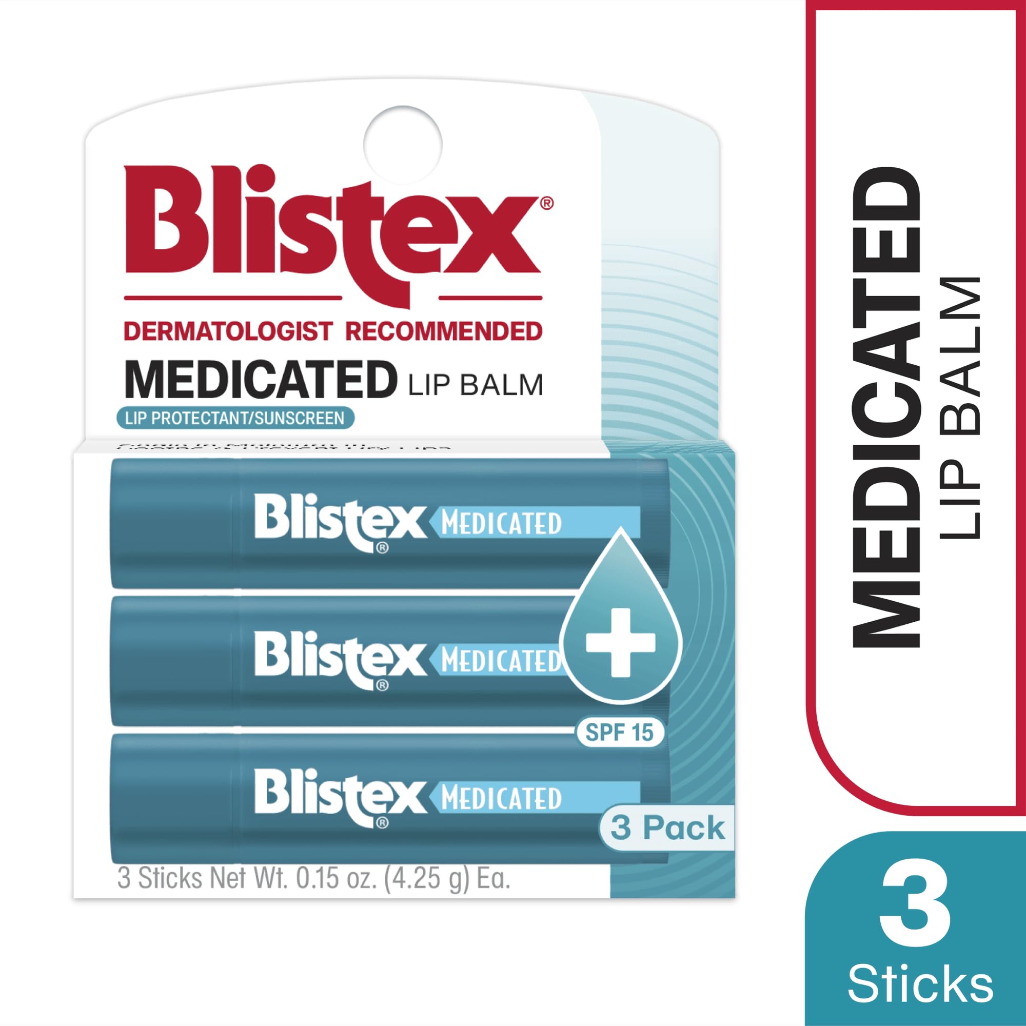 Blistex Medicated Lip Balm, 0.15 Ounce, 3 Count (Pack of 1) Prevent Dryness & Chapping, SPF 15 Sun Protection, Seals in Moisture, Hydrating Lip Balm, Easy Glide Formula for Full Coverage