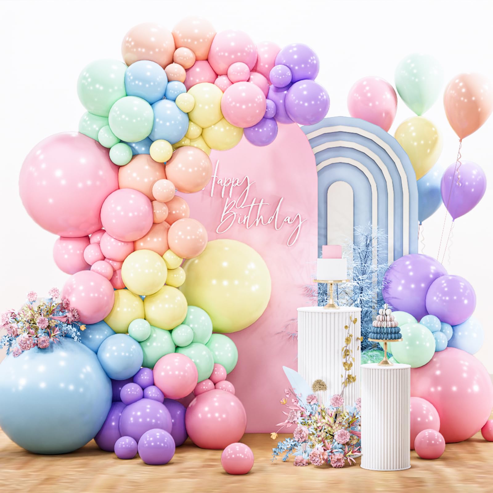 PartyWoo Pastel Balloon Arch Kit Garland 142pcs Different Sizes of 18 12 10 5 Inch Light Baby Pale Pink Blue Green Purple Yellow Orange Balloons for Baby Shower Graduation Birthday Party Decorations