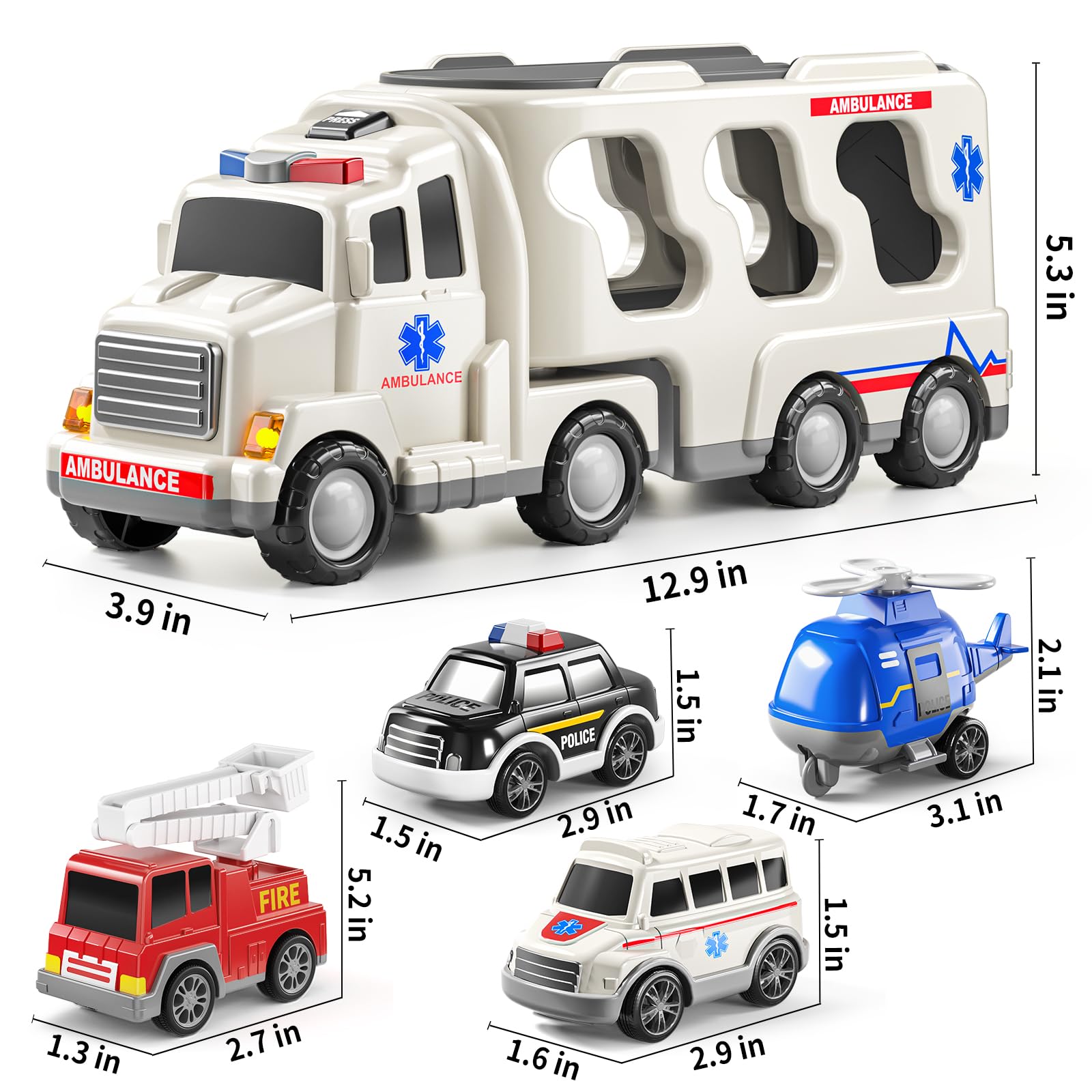 TEMI 5 Pack Emergency Rescue Vehicle Toddler Truck Toys for 3 4 5 6 Year Old Boys, Friction Power Cars with Rescue Helicopter, Police Car, Fire Truck, Ambulance Car, Birthday Gifts for Girls Age 3-9