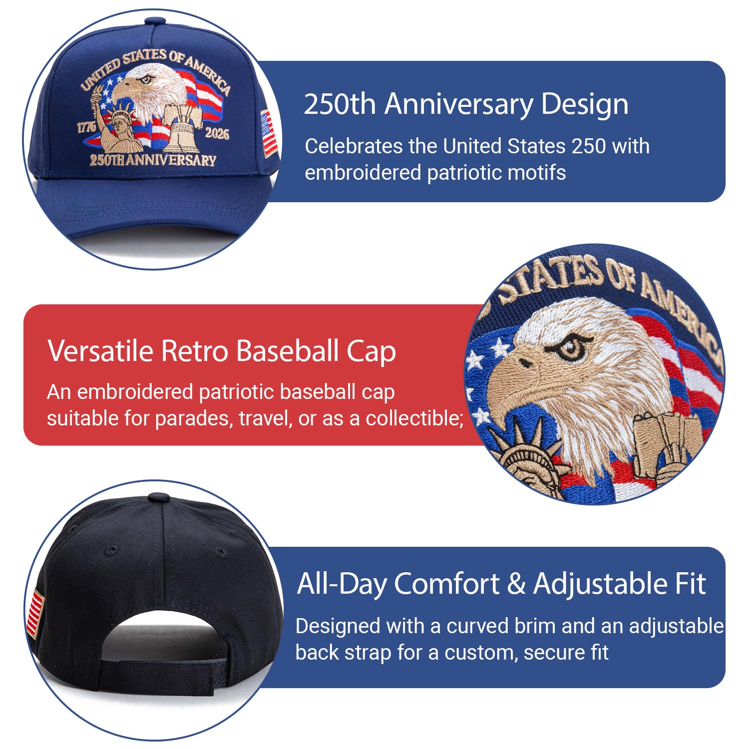 250 Anniversary USA Hat - Retro Embroidered 250th Anniversary Patriotic Adjustable Baseball Cap for Men and Women (B)