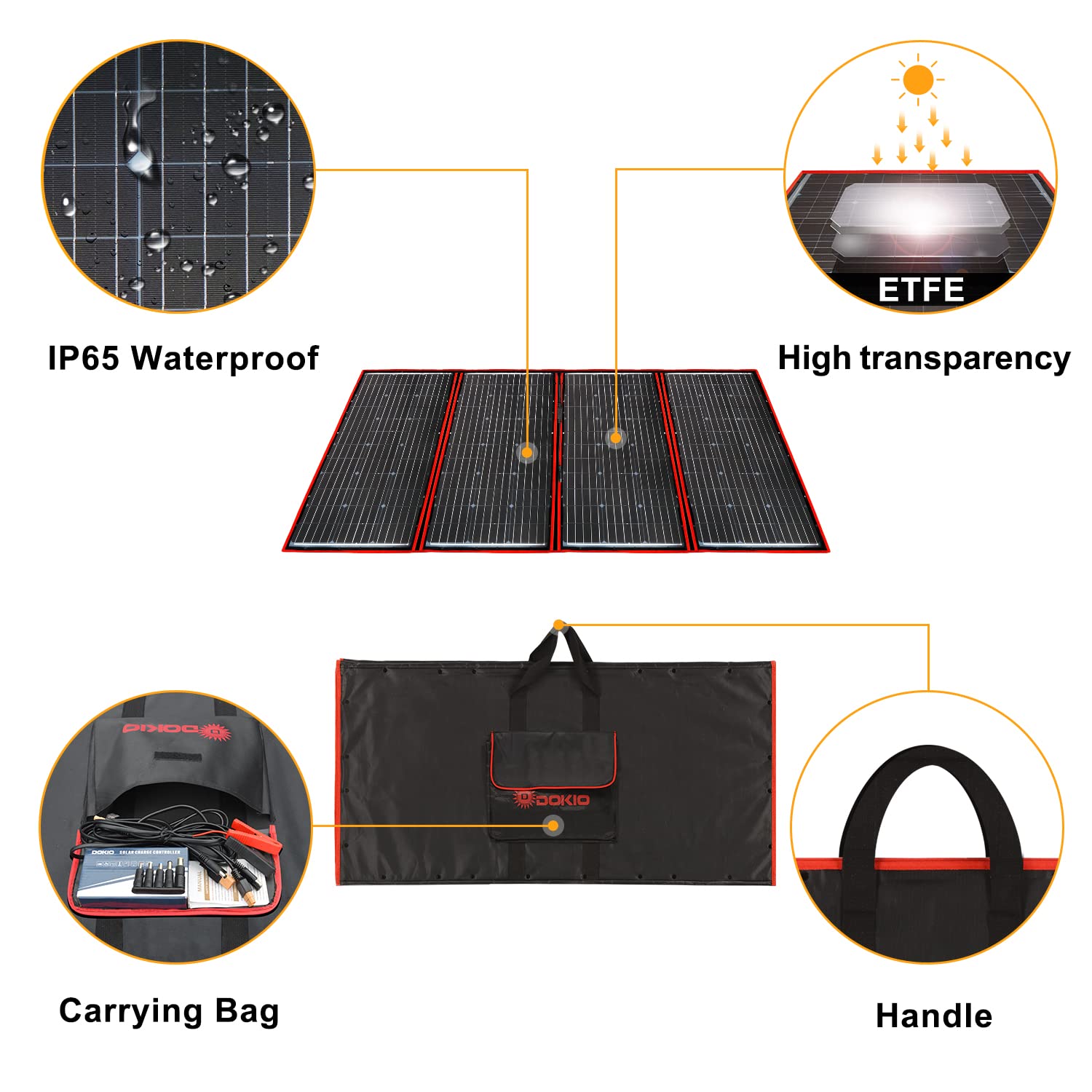 DOKIO 300W 18V Portable Solar Panel Kit Folding Solar Charger with 2 USB Outputs for 12v Batteries/Power Station AGM LiFePo4 RV Camping Trailer Car Marine…