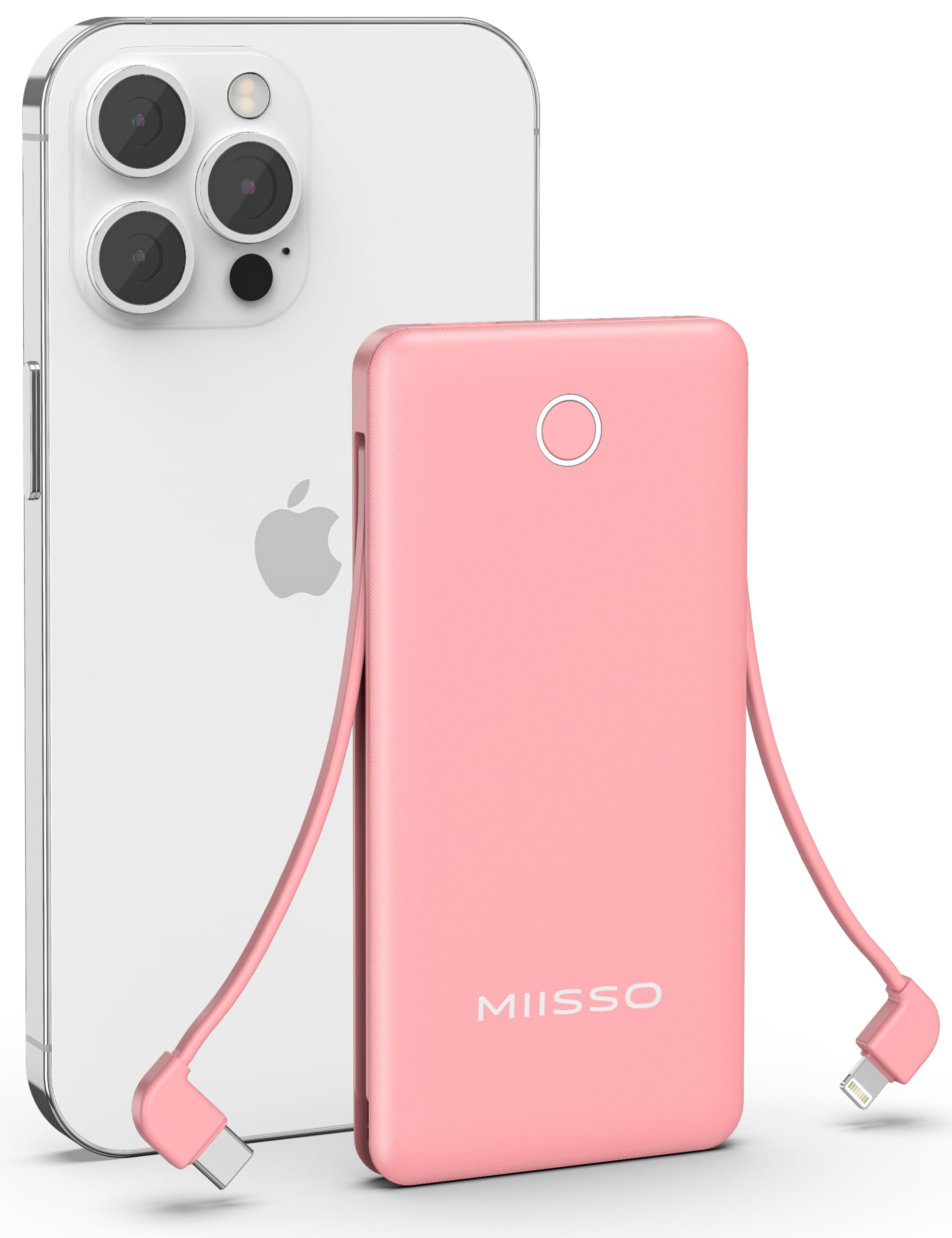 miisso 10000mAh Slim Portable Charger with Built in Cable, Power Bank Travel Charger External Battery Pack for Phone, 4 Output USB Type C Cord Clutch Charger Compatible with iPhone, Pink