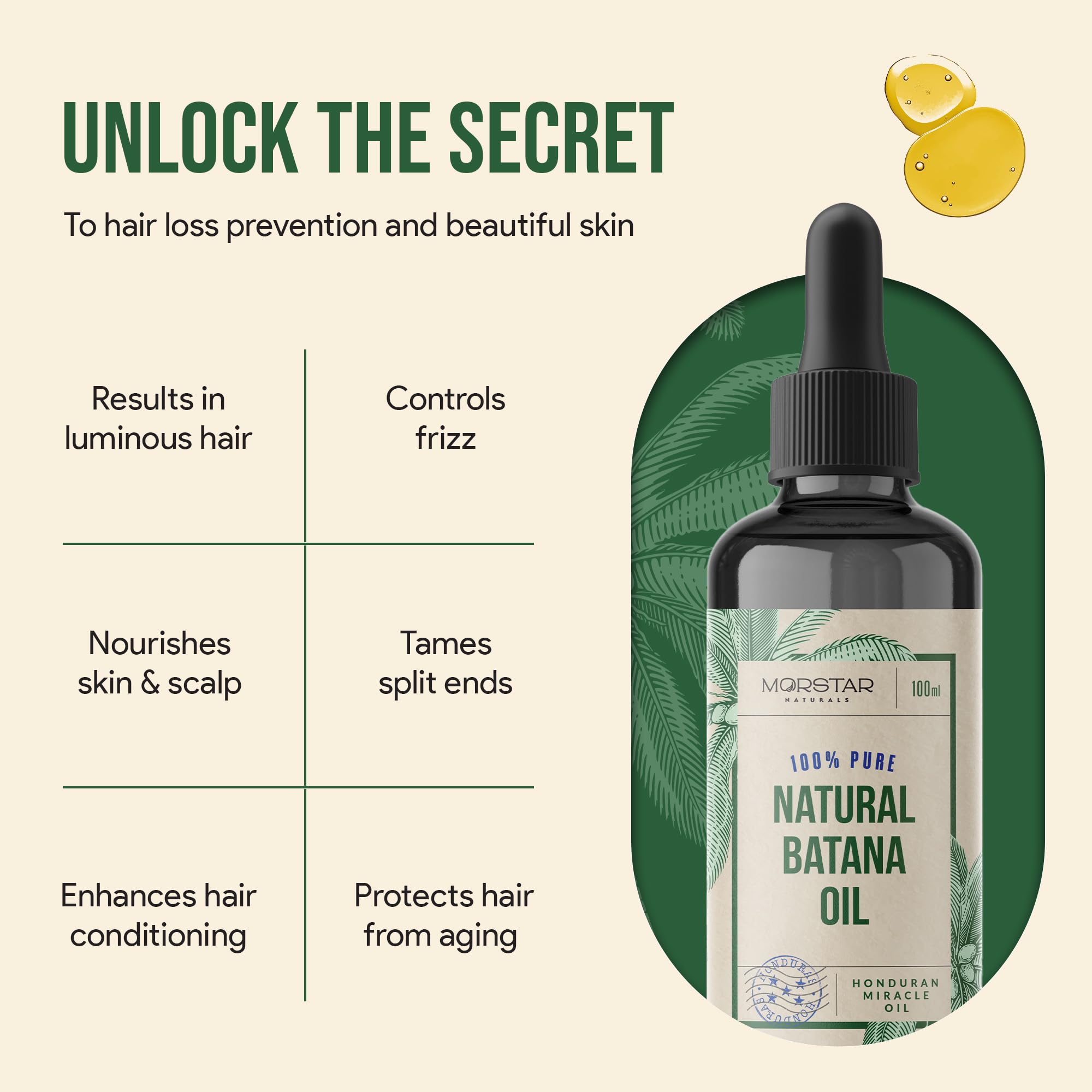 Morstar Raw Batana Oil for Hair Growth: 100% Pure - Dr. Sebi Batana Oil from Honduras Unrefined Promotes Hair thickness for Men & Women 3.4 OZ