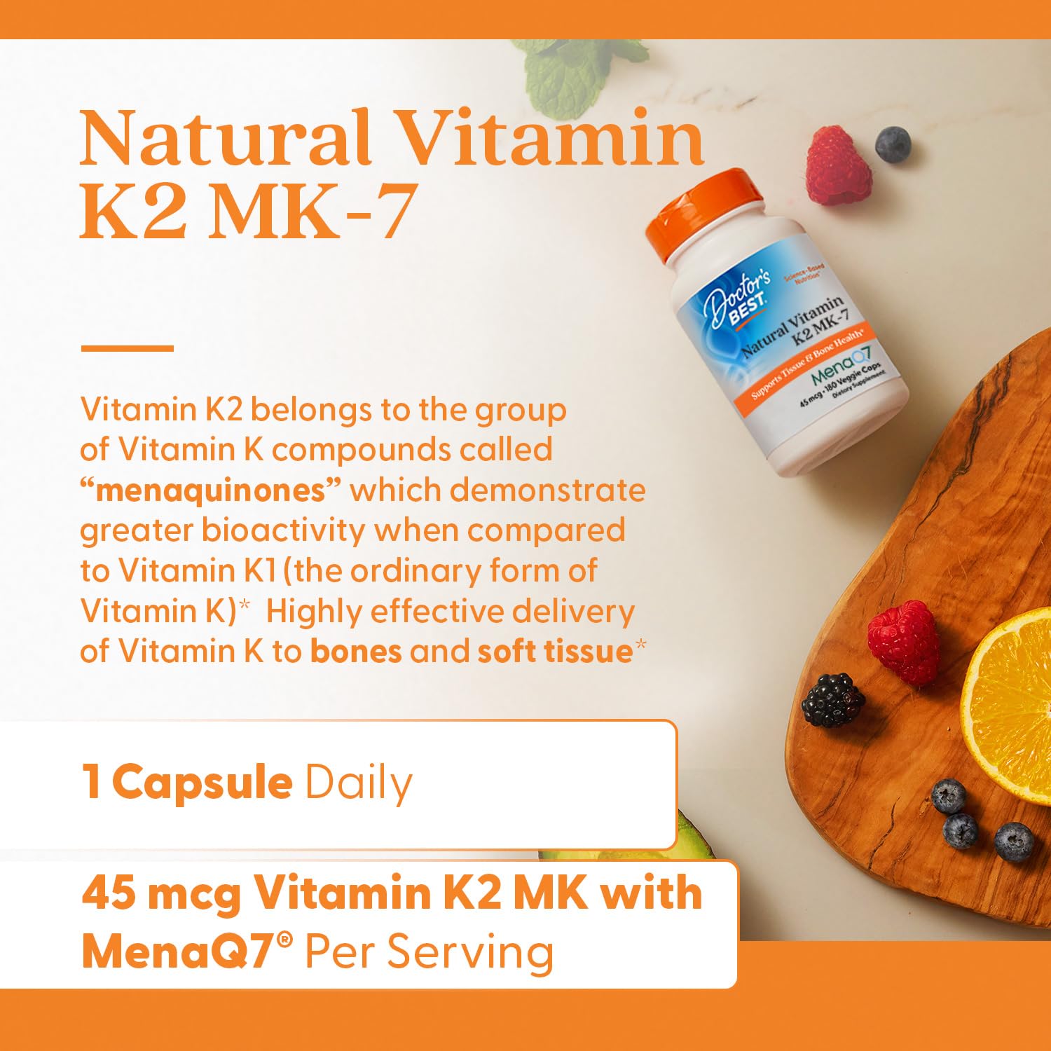Doctor's Best Natural Vitamin K2 Mk-7 Capsule , Supports Bone Health & Soft Tissue Elasticity, 180 Ct