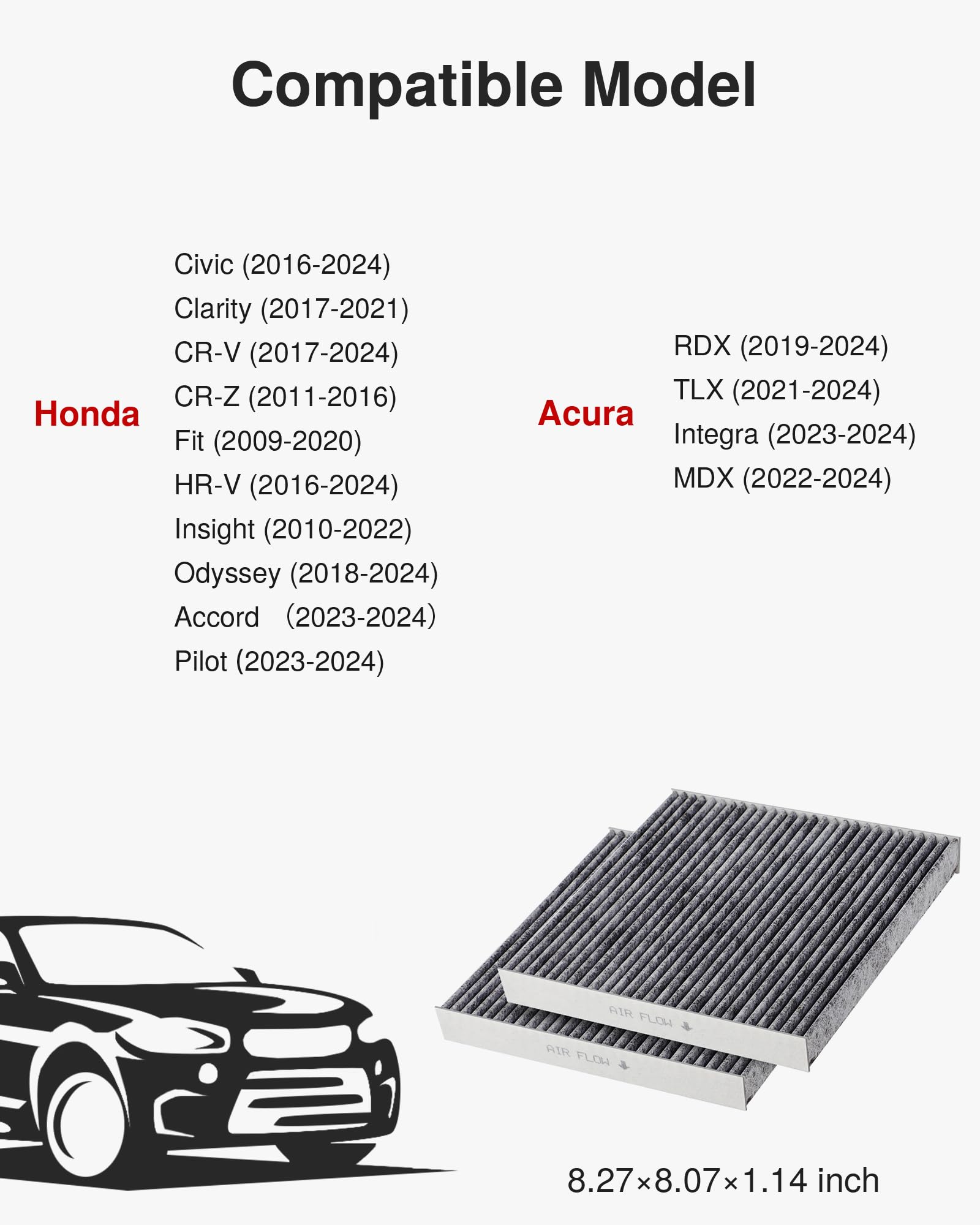 Puroma 2 Pack Cabin Air Filter with Activated Charcoal Layer Replacement for CP182, CF11182, Honda Civic, Clarity, CR-V, CR-Z, HR-V, Fit, Insight, Odyssey, Acura MDX, RDX, TLX, INTEGRA