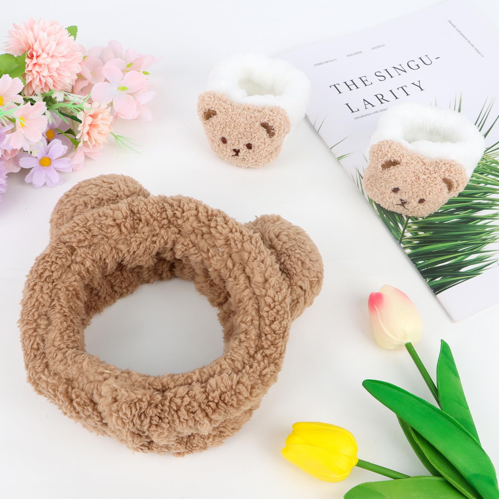 Casoty 3 Pcs Bear Ears Headband, Animal Ear Headband, Face Wash Headband and Wristband Set, Cute Ear Headband, Makeup Headband for Party Cosplay Makeup Washing Face