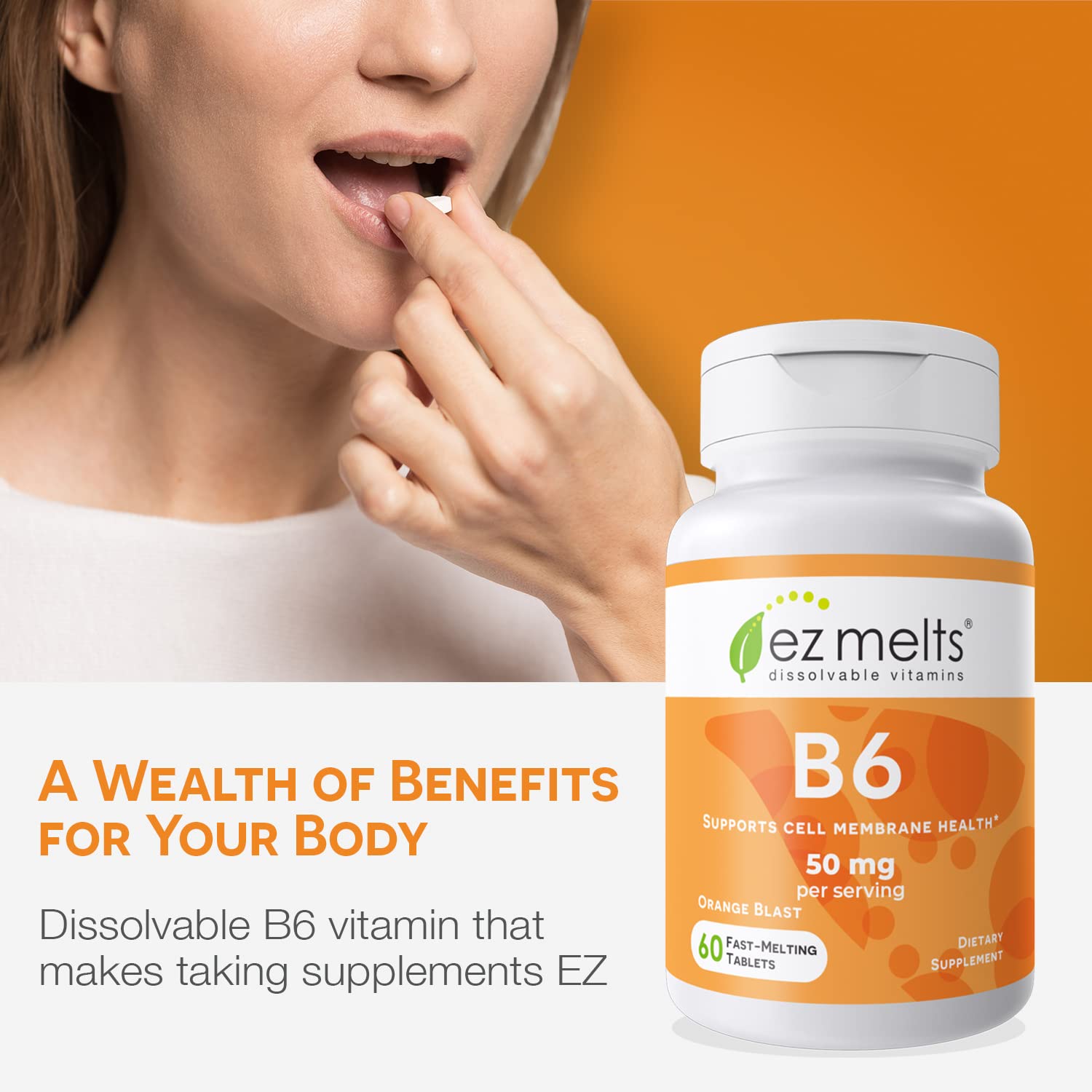 EZ Melts Dissolvable Vitamin B6 50 mg, Sugar-Free, 1-Month Supply