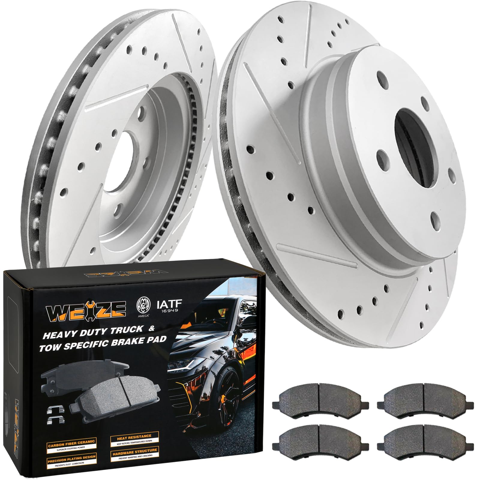 WEIZE Front Truck & Tow Brake Rotors Kit, CARBON FIBER Ceramic Brake Pads & Drilled/Slotted Brake Discs, Fit for Dodge Ram 1500 2006-2018, Durango Chrysler Aspen 07-09