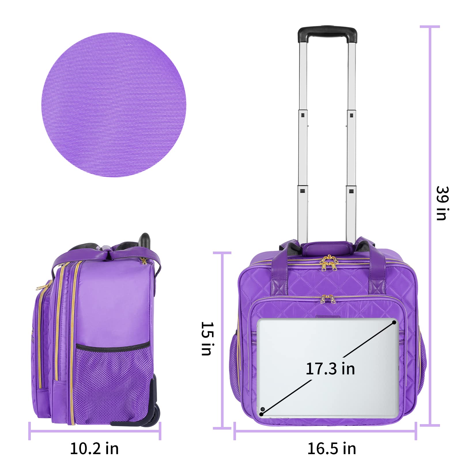 Ytonet Rolling Briefcase for Women, 17.3 Inch Large Rolling Laptop Bag with Wheels, Water Resistant Stylish Overnight Computer Bag for Work Travel College Business Wife Mom Teacher, Purple