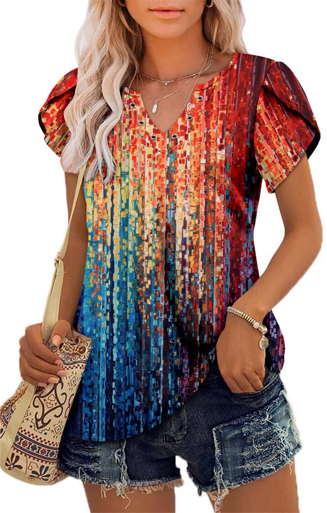 onlypuff Summer Tops for Women 2024 V Neck Short Sleeve Shirts Flattering Boho Tops Flowy Babydoll Tunic Top Blouse Rainbow XXL