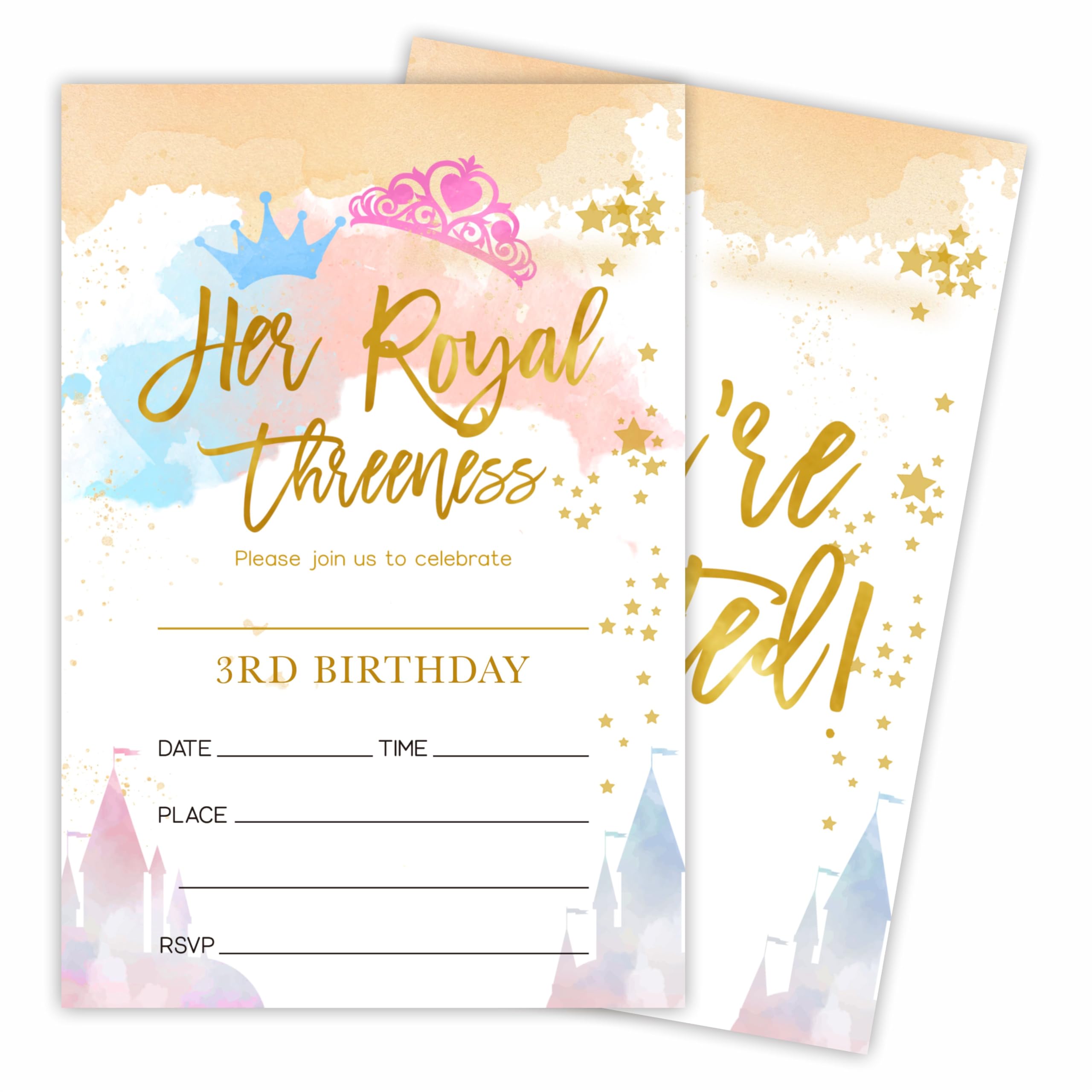 Tabyon 3rd Watercolor Birthday Invitations With Envelopes - Her Royal Threeness - Magic Castle Double-Sided Fill In Style Birthday Invite Cards For Girls, Party Favor & Decorations - B09