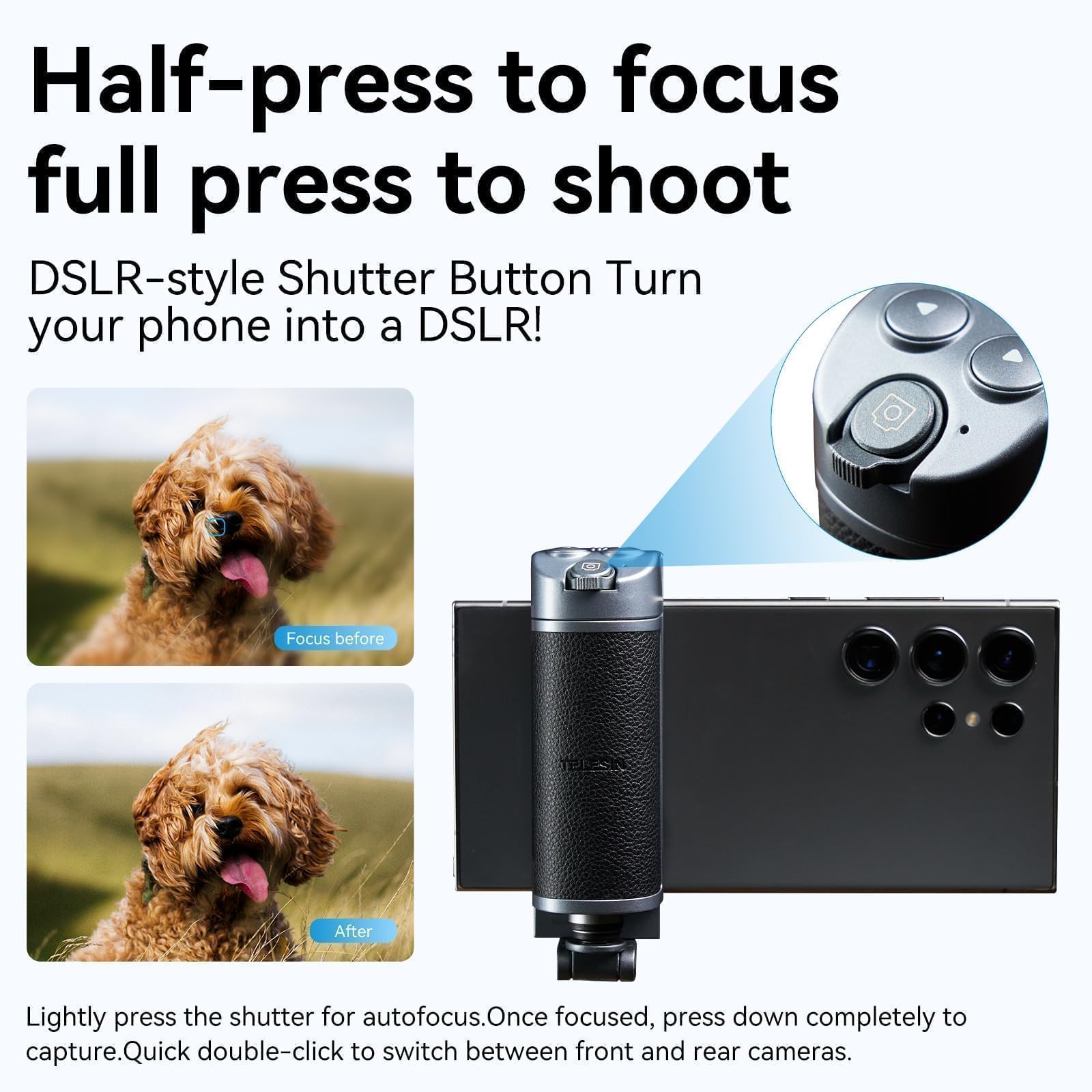TELESIN° Universal Smartphone Camera Grip with Selfie Stick, Wireless Bluetooth Remote Control One-Handed Quick Zoom and Mode Switching Compatible with Samsung Android Phone Accessories